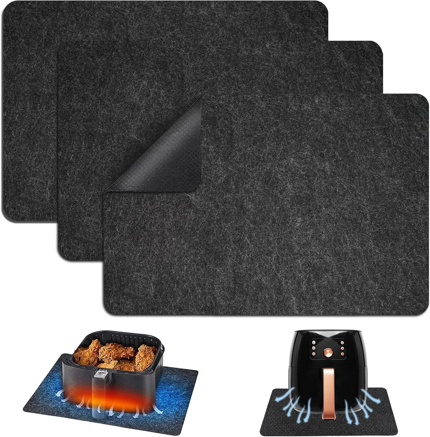 3 PCS Heat Resistant Mat for Air Fryer,17.3X 11.8 in Non Slip Heat Proof Mat, Countertop Heat Protector for Air Fryer, Coffee Maker, Toaster, Oven, Black image number 3