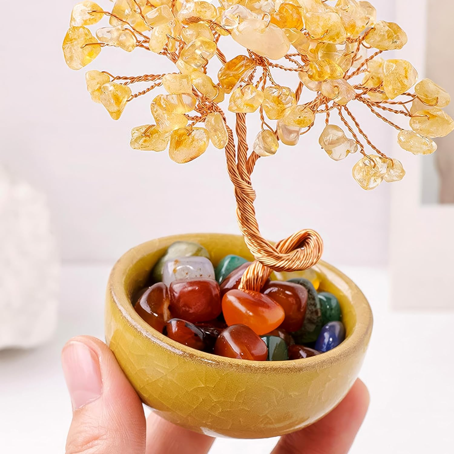 Green Aventurine Crystal Money Tree - Feng Shui Bonsai for Luck & Prosperity, Tabletop Decor for Home Office Artificial Trees with Green Ceramic Pot - Green image number 4