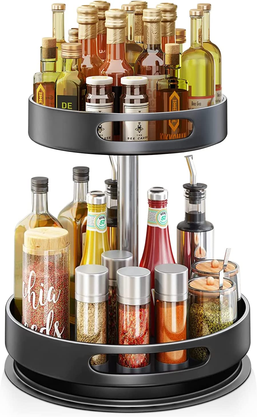 2 Tier Lazy Susan 360&deg; Turntable Kitchen Spice Storage Organizer Rack, Height Adjustable Rotating Tray for Kitchen Cabinet Pantry Bathroom, Condiments Storage Rack