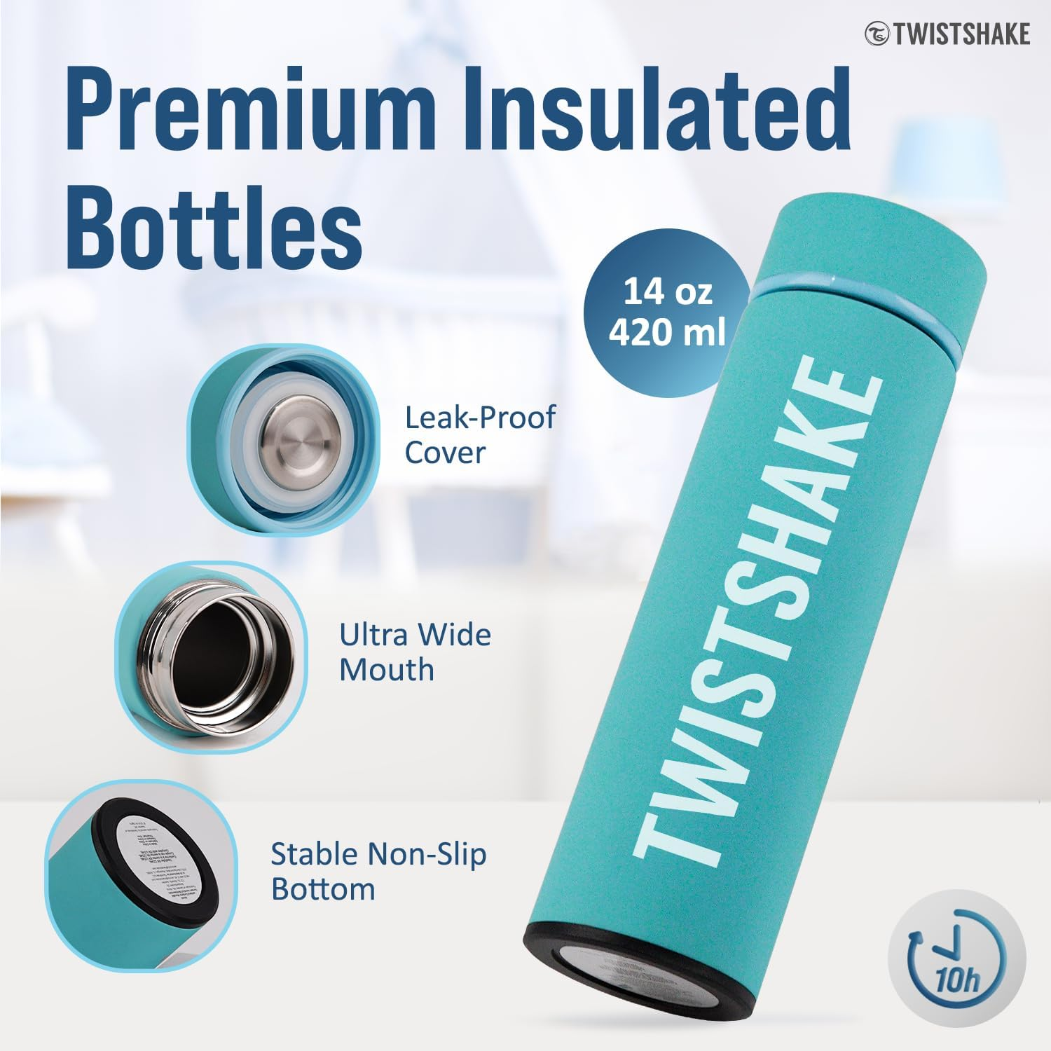 Twistshake Hot or Cold Insulated Flask - 420Ml | Stainless Steel Water Bottle with Double Layer Vacuum | Insulation up to 10 Hours | BPA Free Insulated Thermos | Pastel Blue - Black image number 2