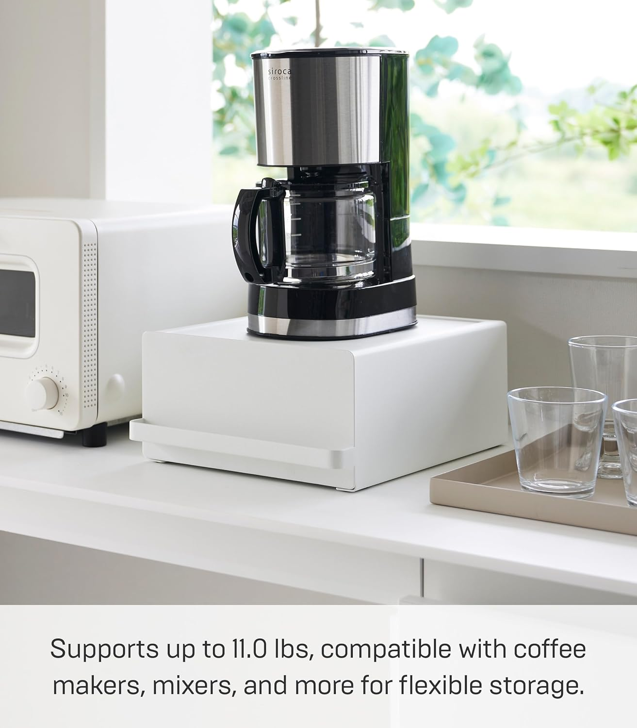 Yamazaki 2018 Kitchen Appliance Rack with Drawers, White, Approx. W 8.7 X D 10.8 X H 4.5 Inches (22.2 X 27.5 X 11.5 Cm) (Including Handles), Tower Slide Shelf, Storage for Small Items, Tea Pack Storage image number 2