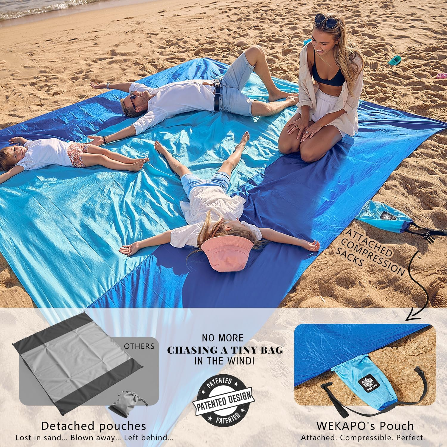 Wekapo Beach Blanket Sandproof, Beach Mat, Big & Compact Sand Free Mat Quick Drying, Lightweight & Durable with 6 Stakes & 4 Corner Pockets, Standard (1~3 Person) image number 4