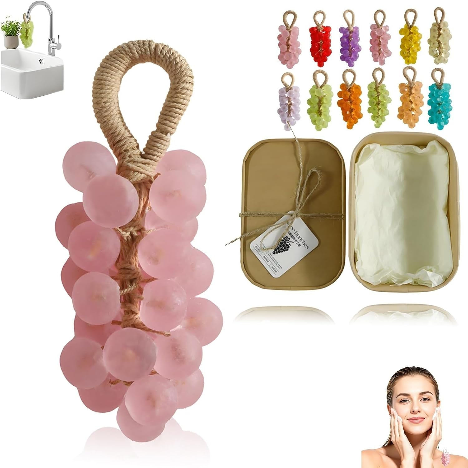 Handmade Crystal Grape Soap on a Rope, Grape Shaped Soap, Facial Cleansing Bathing Hand Washing Indoor Decorations Indoor Decorations(Peach)