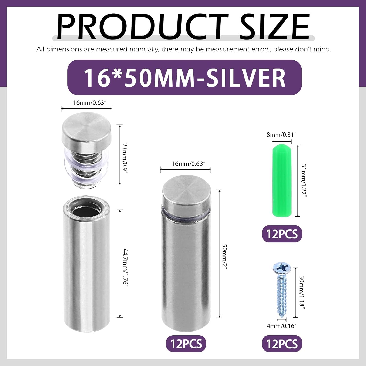 Swpeet 12 Sets 5/8" X 2" Silver Stainless Steel Standoff Screws, Wall Standoff Mounts Glass Acrylic Nail with Screws and Wall Anchors, Mounting Glass Hardware for Hanging Picture Frame Advertise - 16 * 30Mm-Black image number 6