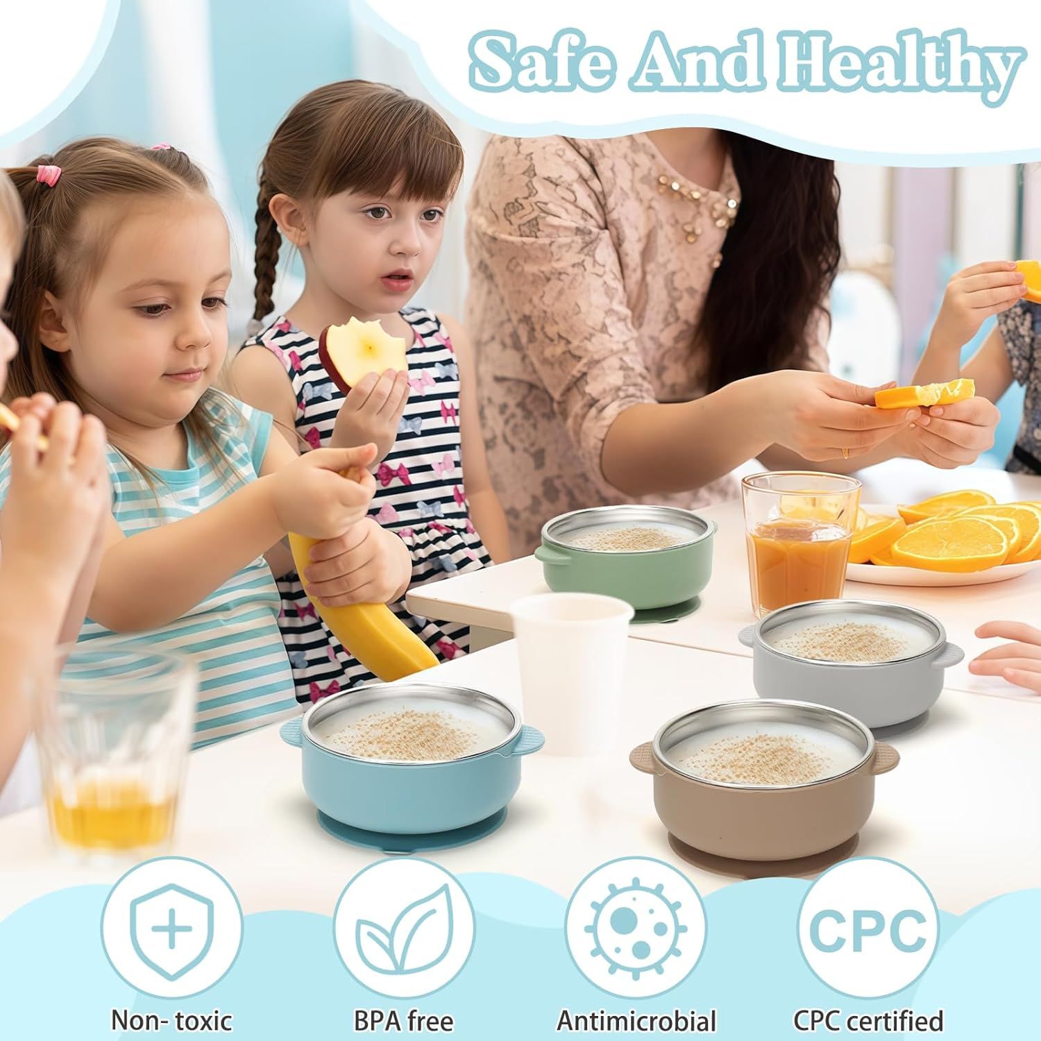 MR.TIMELAG Stainless Steel Baby Silicone Bowls - Double Ear Bowl Four Pack - Unbreakable, Non-Slip and Removable Silicone Base, anti Scald Food Container for Baby Food Feeding image number 6