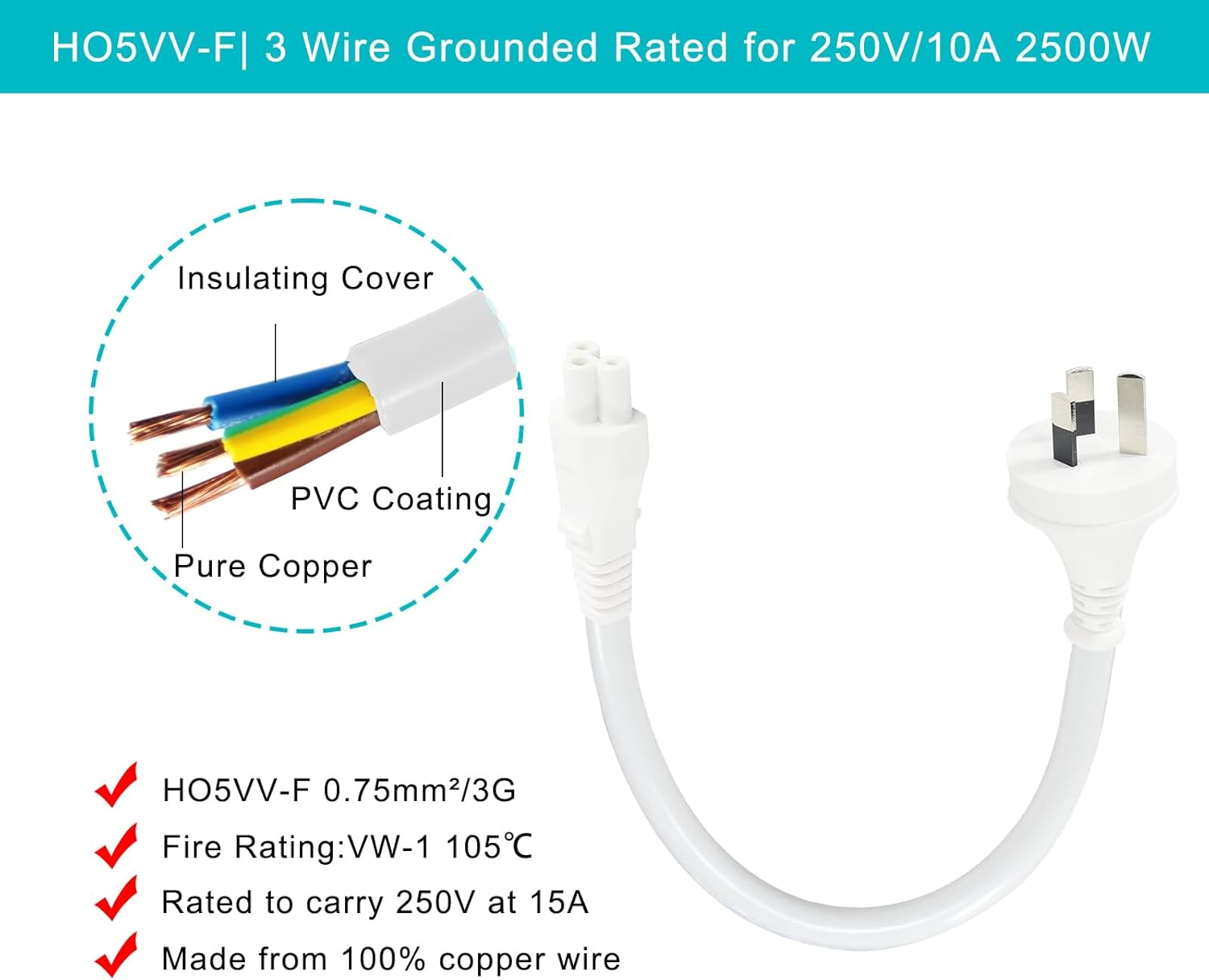 White 3-Pin IEC-C5 Power Cable 50Cm Replacement Clover Charging Cable 0.5 Meter Australia Clover Leaf Cord image number 3