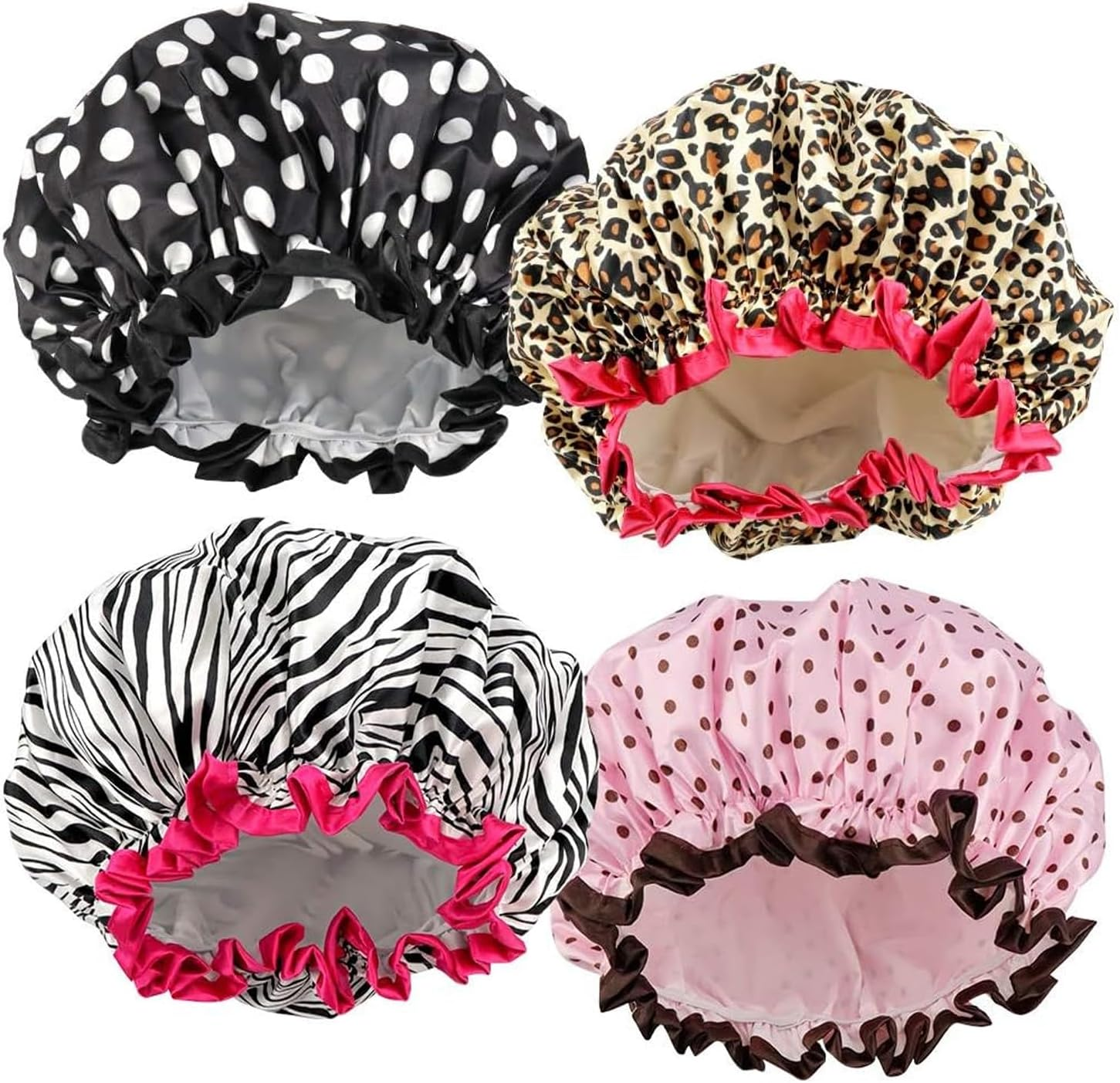Reusable Shower Cap for Women - Extra Large Elastic Hair Bath Cap, Double Waterproof Layers for Bathing/Swimming, Eco-Friendly & Adjustable（4 Pack）