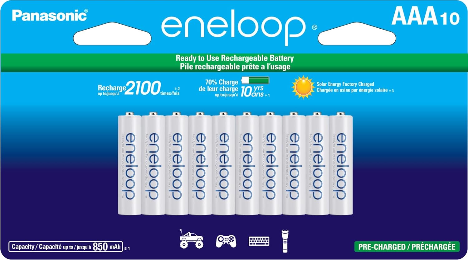 Eneloop Panasonic BK-4MCCA10FA AAA 2100 Cycles NI-MH Pre-Charged Rechargeable Batteries, 10 Batteries image number 3