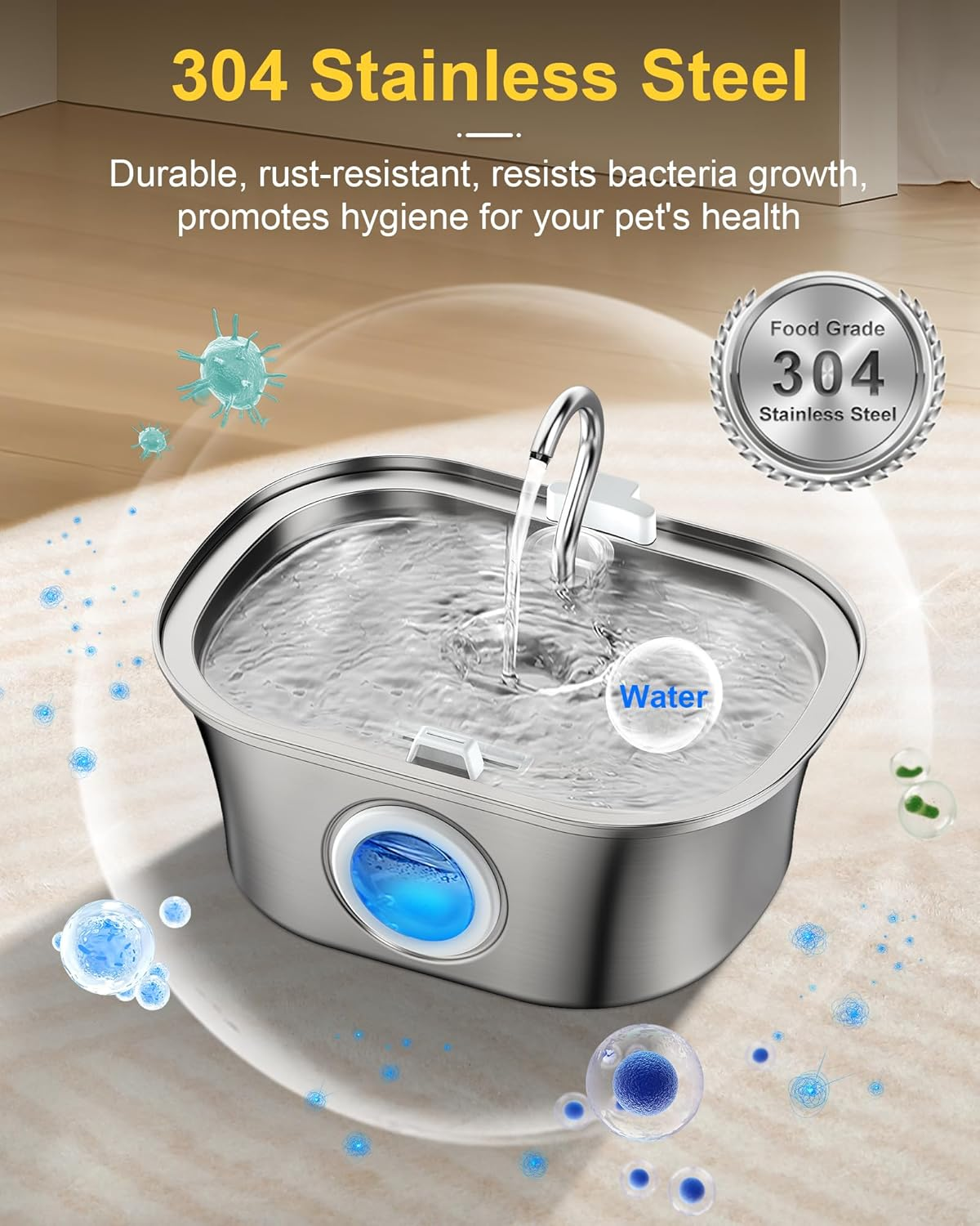 Homrich Cat Water Fountain - 3.2L Stainless Steel - Cat & Dog Water Fountain - 8 Filters & Foam Pre-Filter image number 6