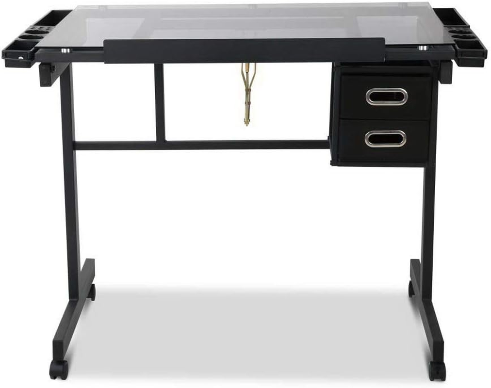 Artiss Drawing Table, Metal Adjustable Drafting Tables Desk Craft Standing Desks for Artwork Work Bench Painting Studio, Tempered Glass Desktop with Removable Drawers Storage Tray Castor Pad Black image number 6