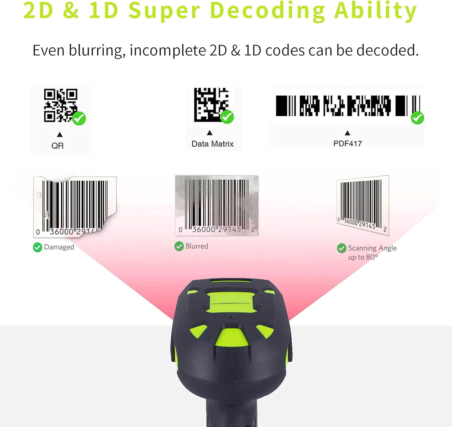 Symcode Wireless 2D Bluetooth Barcode Scanner with Stand 433 Wireless 2625 Feet Transmission Distance Industrial Dustproof and Waterproof QR Automatic Handhold Bar Code Reader with Charging Base image number 5