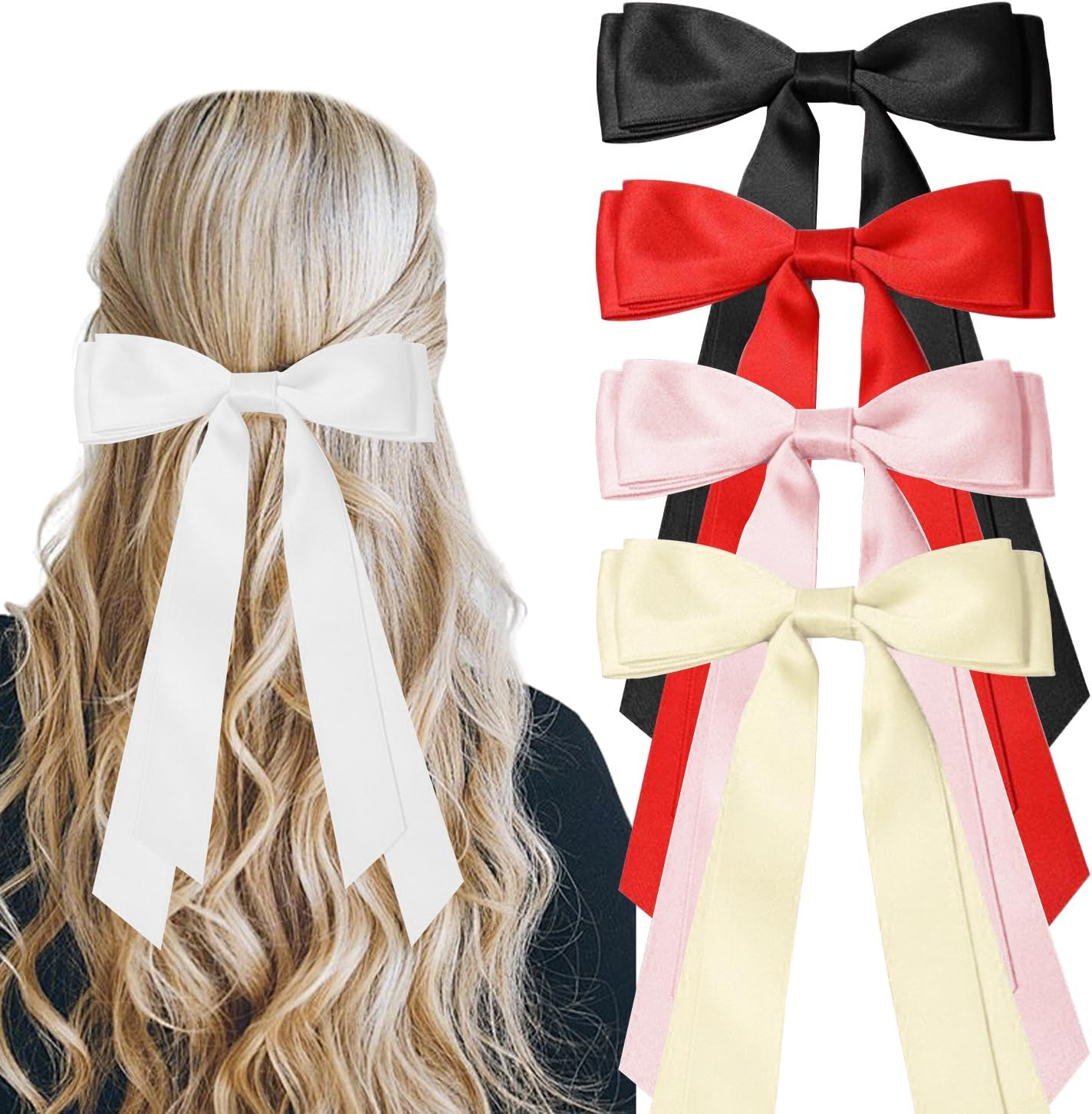 SYEYCW 5 Pcs Hair Bows for Girls Women, Ribbon Bows for Hair, Metal Ponytail Clips, Ribbon Ponytail Holder Accessories, for Daily Wear, Parties and Celebrations, Black, Red, Pink, Beige, White image number 3