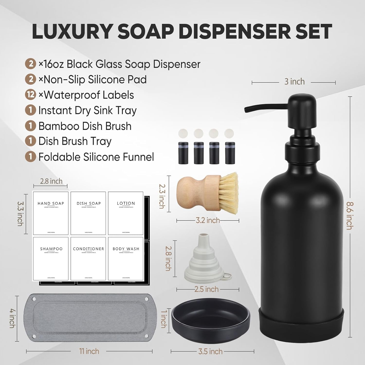 NEECZS Kitchen Soap Dispenser Set with Instant Dry Tray,16 Oz Hand and Dish Soap Black Glass Dispenser Set,Stainless Steel Pump,Waterproof Labels&Dish Brush,Luxury Soap Bottle for Kitchen,Bathroom image number 2