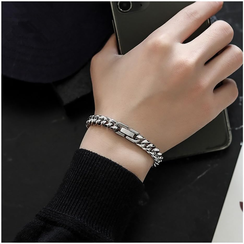 Bracelets for Men, Mens Jewelry with Gift Box Stainless Steel Simple Cuban Chunk Link Silver Bracelet for Men and Boys