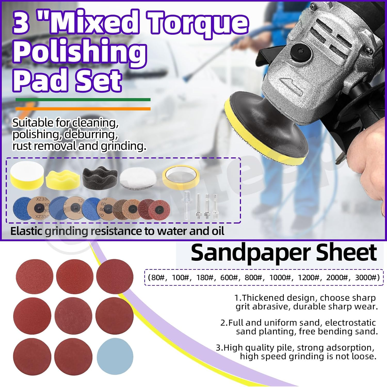 Swpeet 120 Pcs Sanding Disc Backing Pads Kit, 3 Inch Sanding Discs for Drill Polishing Die Grinder Attachment, Sanding Discs Includes 75-3000 Grit, Zirconia Roll Lock Discs, 1/4" and 2/5" Hex Shank image number 1