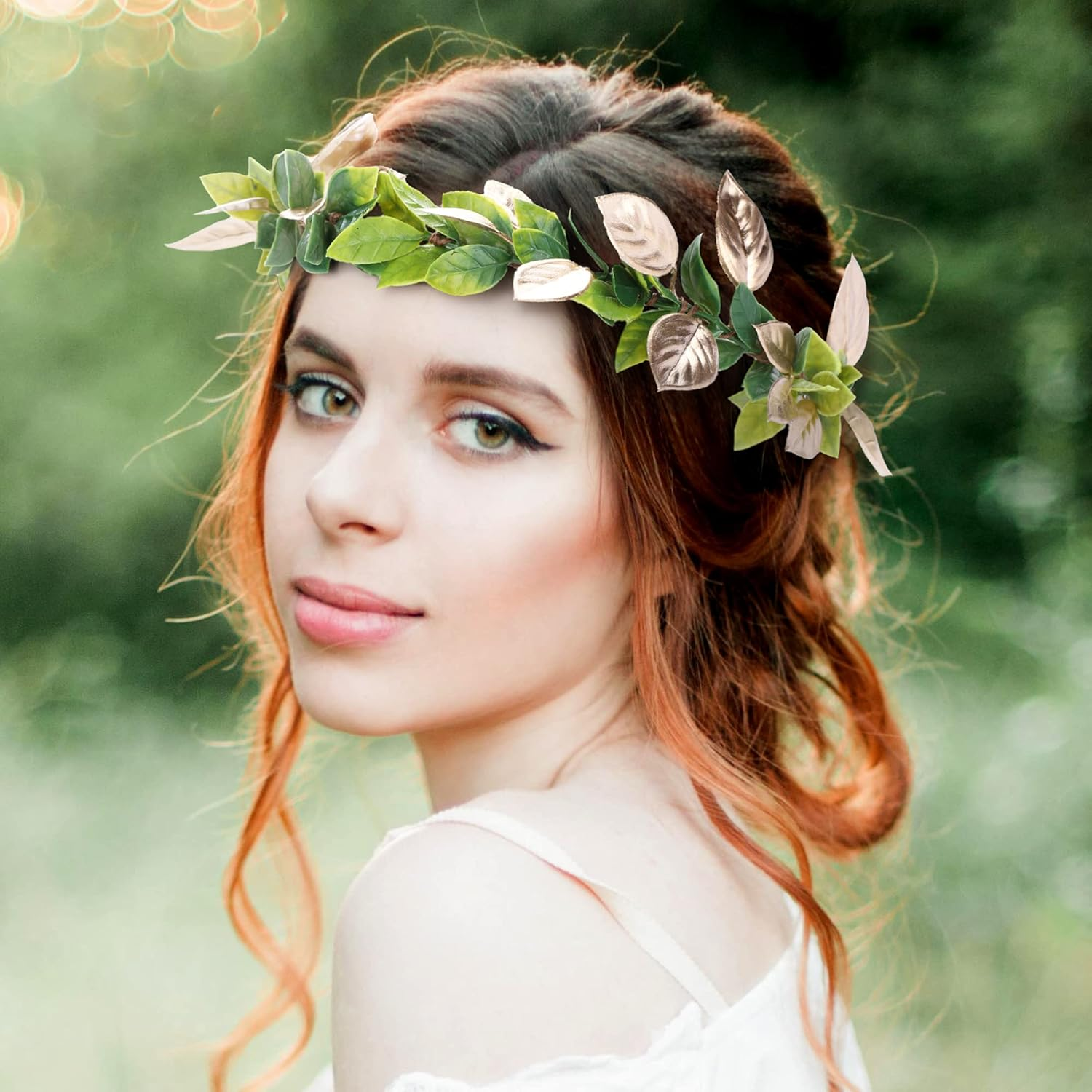 MOSTORY Handmade Fairy Woodland Crown - Forest Elf Headband Flower Circlet Elven Leaf Wreath for Renaissance Halloween Cosplay Women Girls Photoshoot Green Gold image number 1