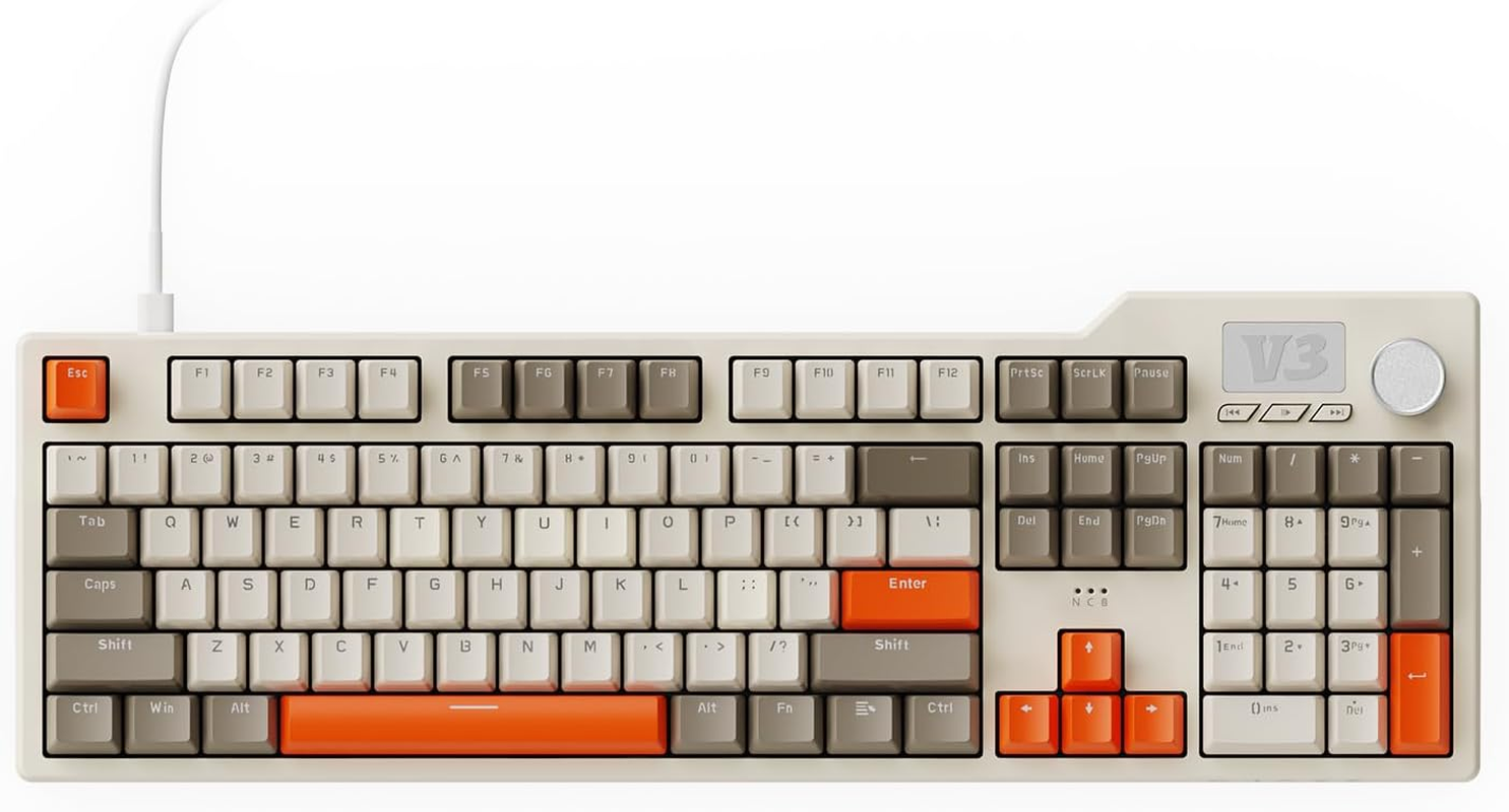 AJAZZ AK820 75% Wired RGB Gasket Mechanical Keyboard with Volume Knob, South Facing LED, 82 Keys, PBT Keycaps, Custom Programmable Hot-Swap Keyboard, Grey White Yellow