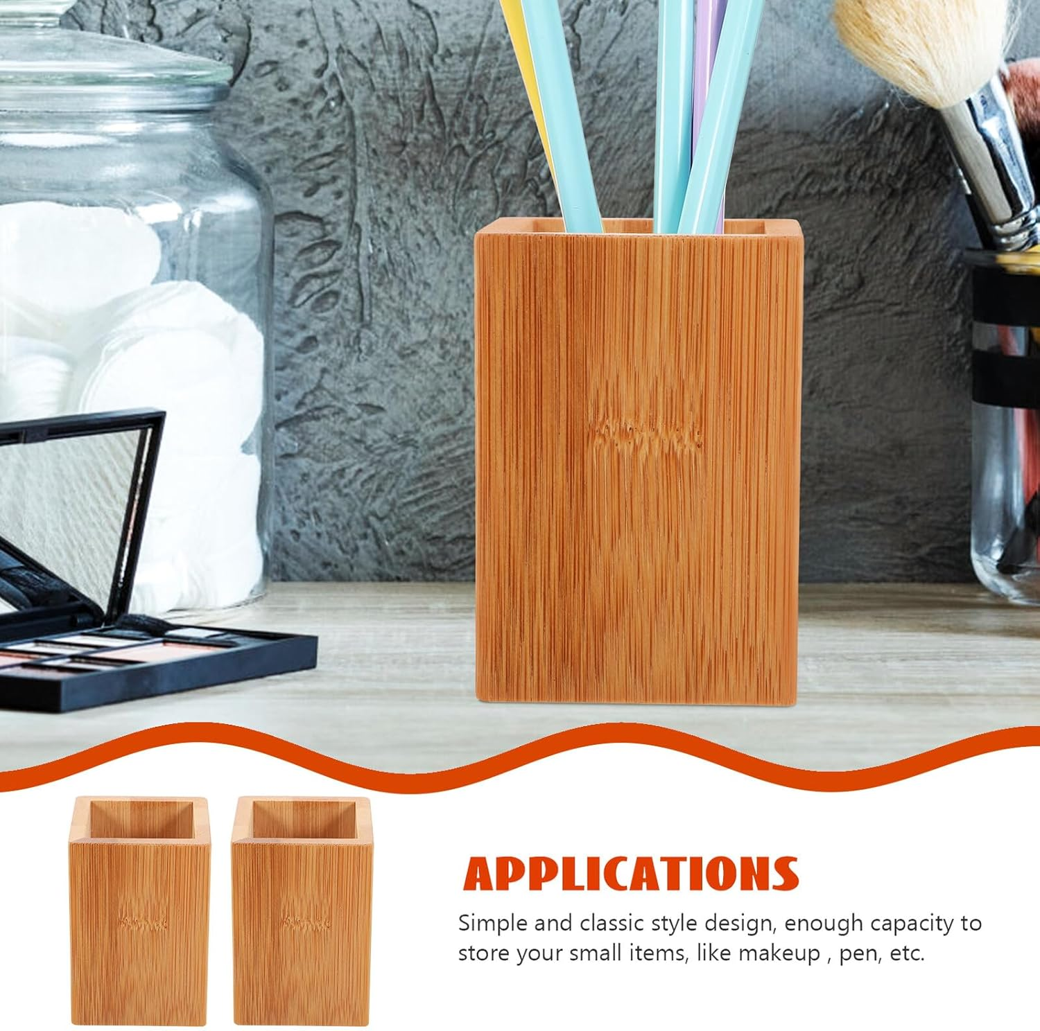 HORIALENCE 2Pcs Bamboo Pen Holder Small Desktop Organizer for Pens Makeup Brushes Multipurpose Pencil Storage Container for Home Office Desk Accessories image number 2