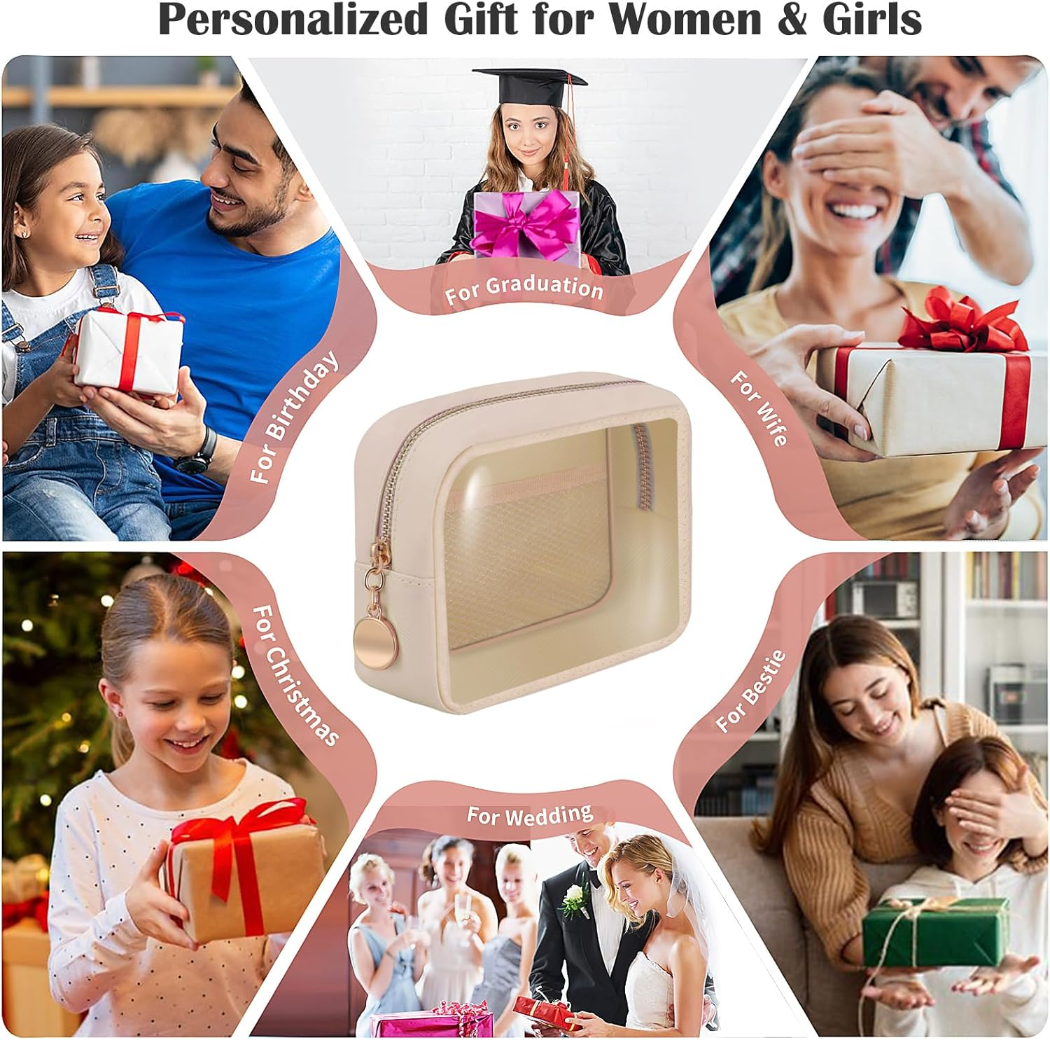 CHICREEN Clear Makeup Bags Set,Clear Toiletry Bags,Initial Clear Purse,Personalized Clear Gift Bags,Make up Pouches,Tsa Approved Clear Organizer,Gifts for Teen Girls&Women, Pearl White (1 Mini), M image number 2