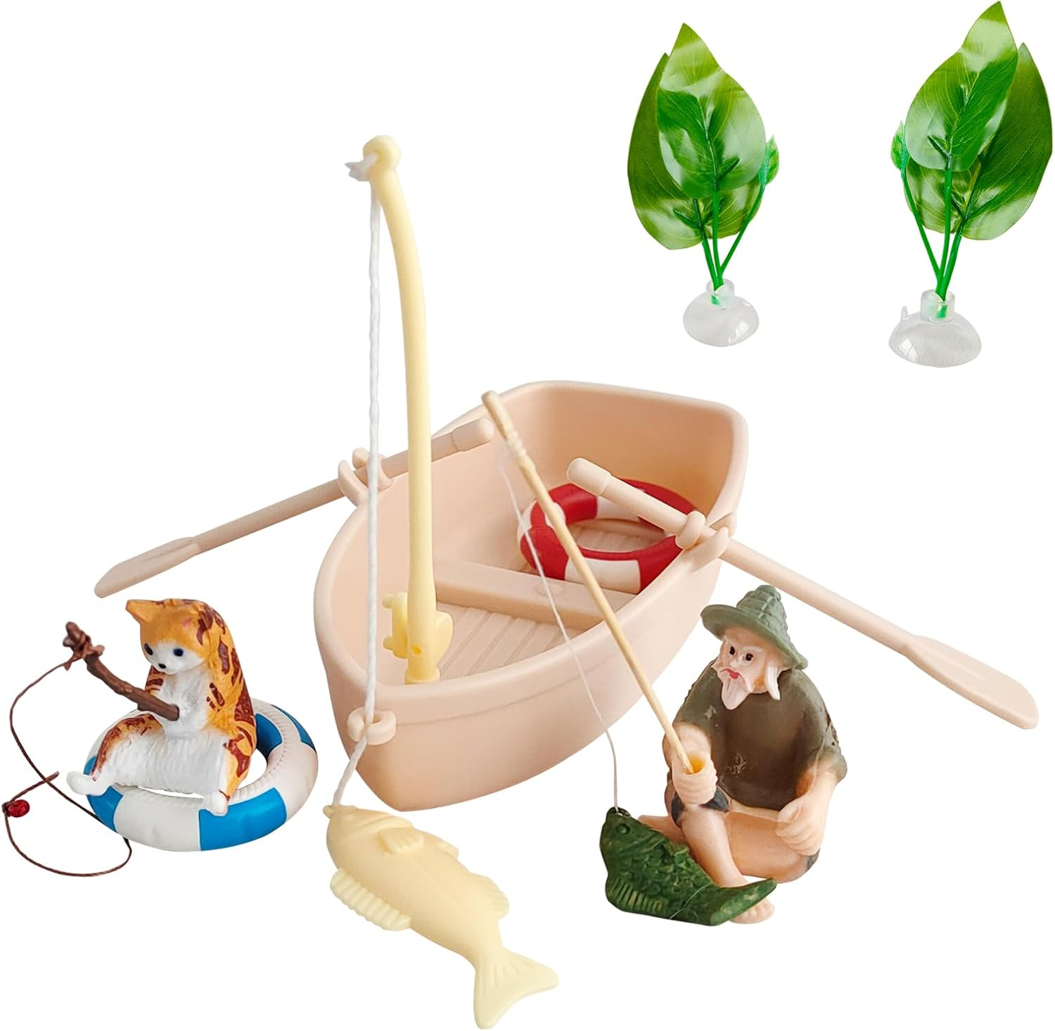 Simulation Boat Floating Fish Tank Decorations Cute Kitten and Fisherman Floating Aquarium Decoration Fish Tank Decorative (Yellow, 2)