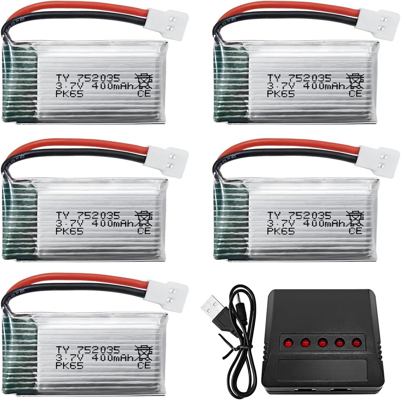 5PCS 3.7V 400Mah 25C Discharge High Rate Li Battery with 5In1 Charger for Hubsan X4 H107C H107L Syma Q11 X11C H99W H31 HS170C F180C TOZO Q2020 E016H A120 V966 TR-C385 TR-F22 Spare Parts RC Drone image number 1