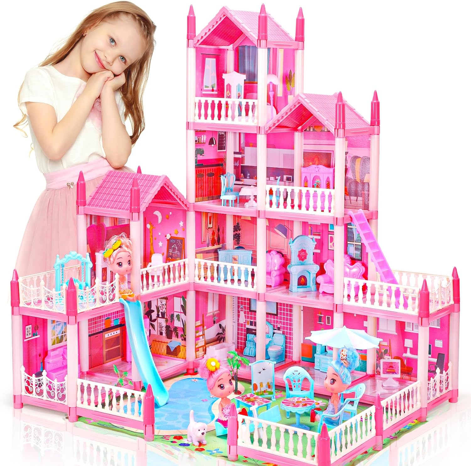 Doll House, 4-Story 11 Rooms Pool Party Dollhouse, Princess House Playset with Furniture, Pink Toddler Play-House Toy for 3 4 5 6 7 8 9 10+ Year Old Girls image number 5