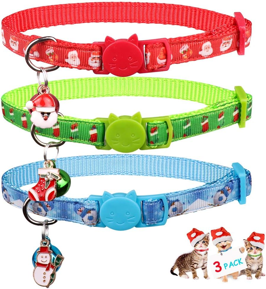 3PCS Christmas Breakaway Cat Collars with Bell Safe and Adjustable Soft Nylon for Kitten image number 6