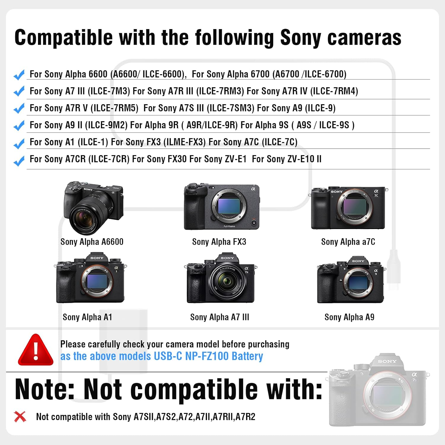 F1TP USB-C NP-FZ100 Dummy Battery Type-C Power Cord Kit Replace ACK-FZ100 Coupler for Sony Alpha 9 A9 A9 II A9R A9S A6600 A7C A7III A7S III A7RIII A7R IV ... image number 6