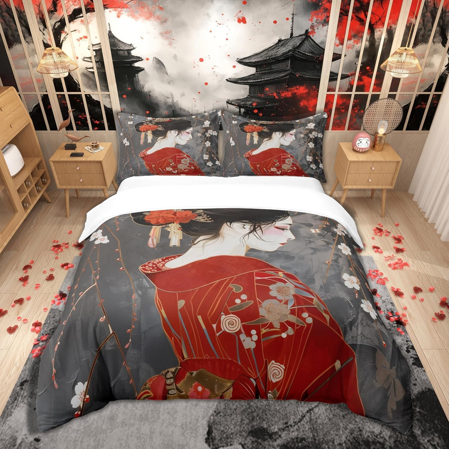 Homemissing Kids Japan Geisha Bedding Set Single Size Boys Girls Cherry Blossoms Comforter Cover Set Japanese Style Duvet Cover Japanese Tradition Aesthetic Bedspread Cover (No Comforter)
