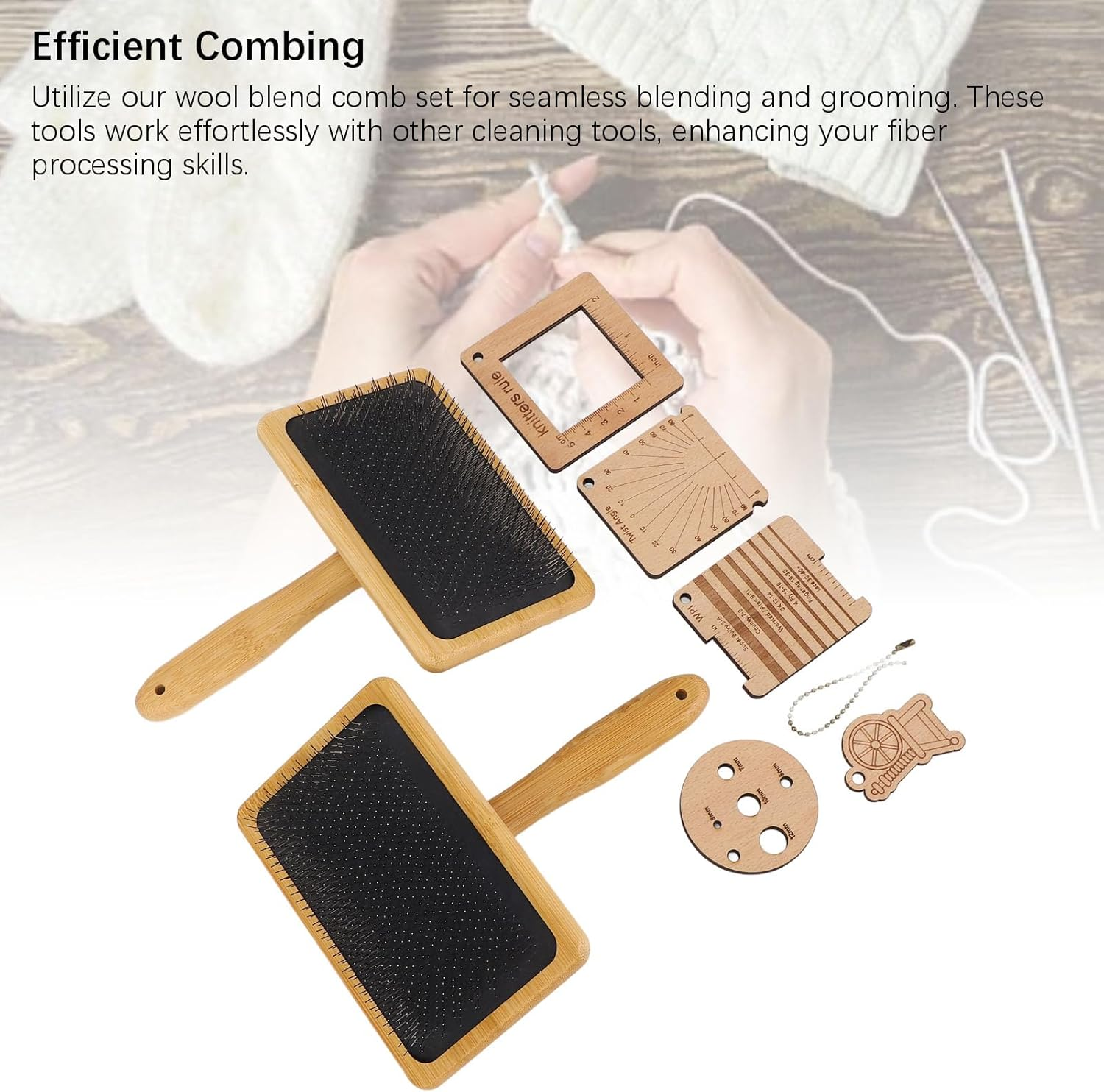 Wooden Knitting Measure Tool Set with Wool Blending Board Carding Brush Set, Wool Carders Hand Carders, Density Ruler for Wool Felting Supplies, Sewing Crafts image number 3