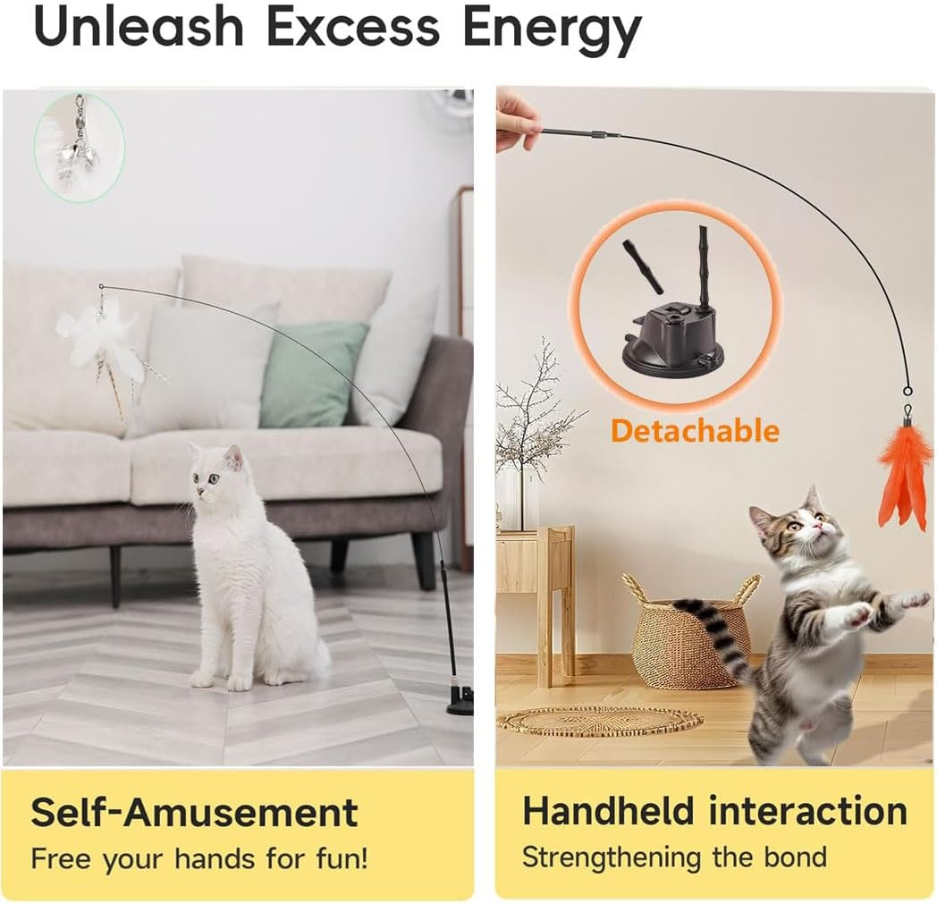 Idopick 10 Pcs Cat Toys for Indoor Cats,Interactive Suction Cup Cat Toys for Bored Indoor Adult Cats Teaser Cat Toys, 1 Flexible Steel Wire and 10 Pcs Replacement Feather Refills with Bell image number 2