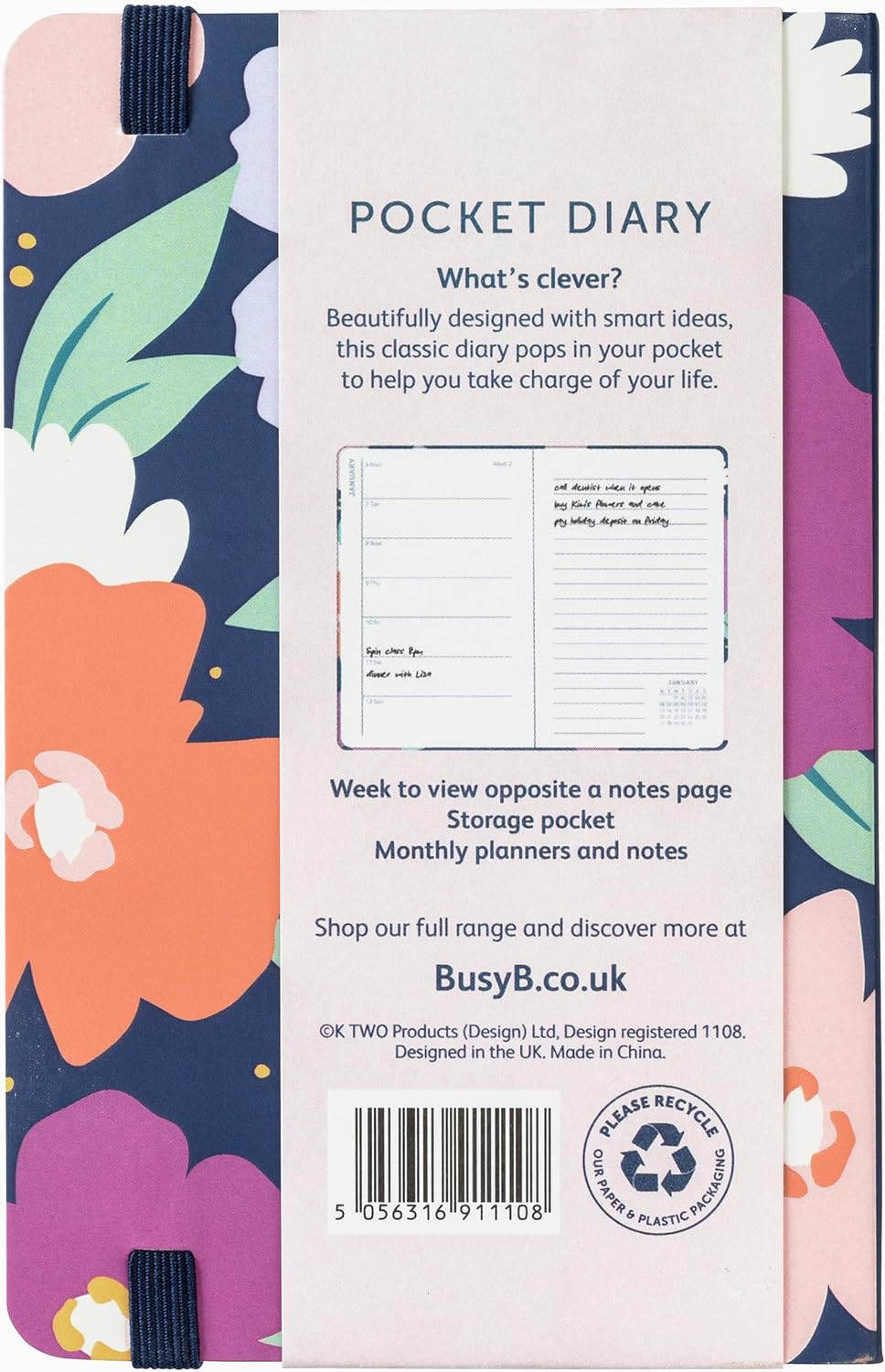 Busy B Pocket Weekly Planner Diary 2025 - Compact Diary for Students, Teachers, Work & More with Week-To-View Layout, Monthly Planners, Notes Pages, Storage Pocket & Elastic Closure Band - Navy Daisy image number 3