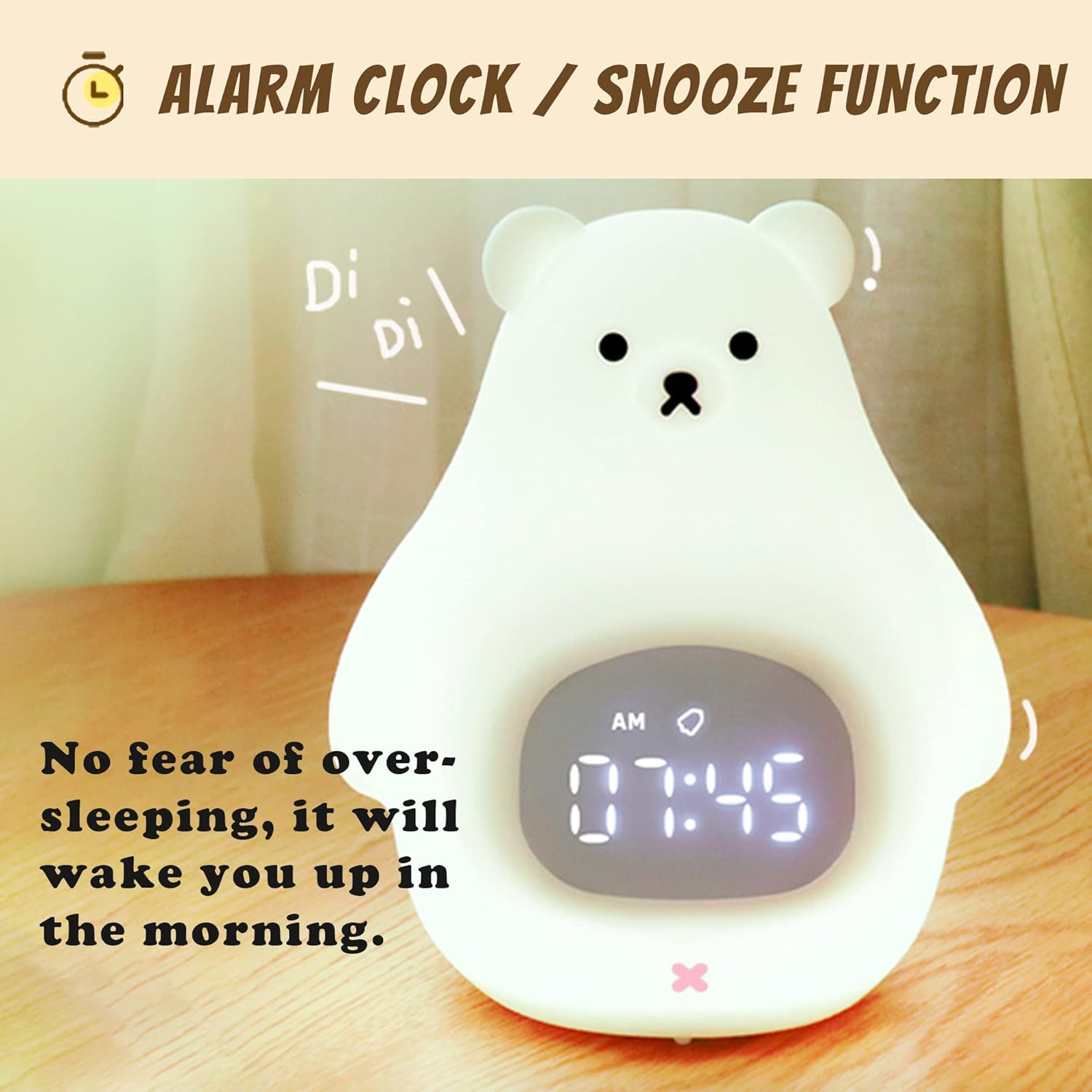 Bear Night Light, Cute Kids Alarm Clock, Soft Bpa-Free Silicone Portable Nursery Lamp, Children USB Rechargeable Nightlight for Girls Boys Toddler Birthday Gifts Bedroom Room Decor - Purple image number 3