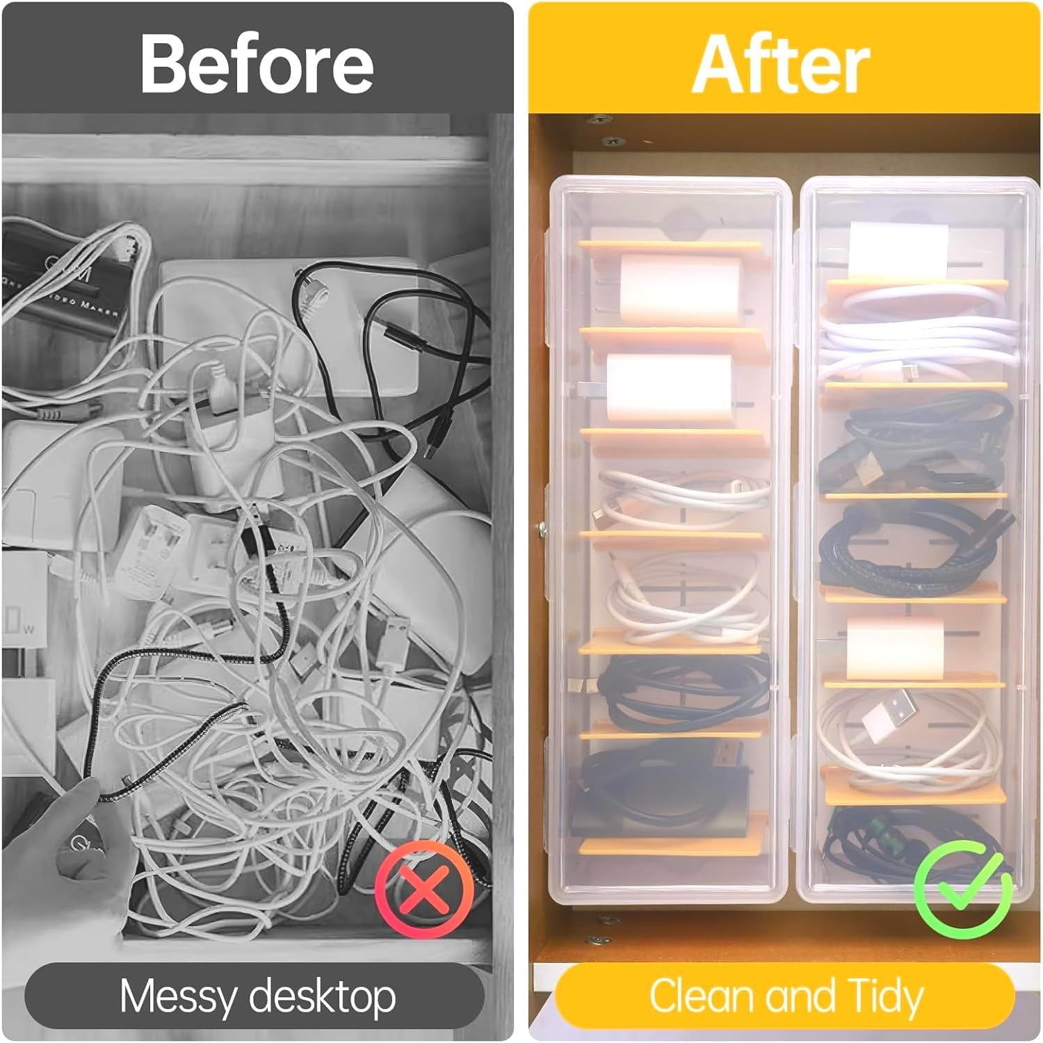 Clear Cable Organizer Box with Lid, Plastic Charger Cable Cord Storage Organizer, Clear Phone Charger Organizer Case Wire Organizers for Cords Electronic Storage Box for Drawer (2) image number 6