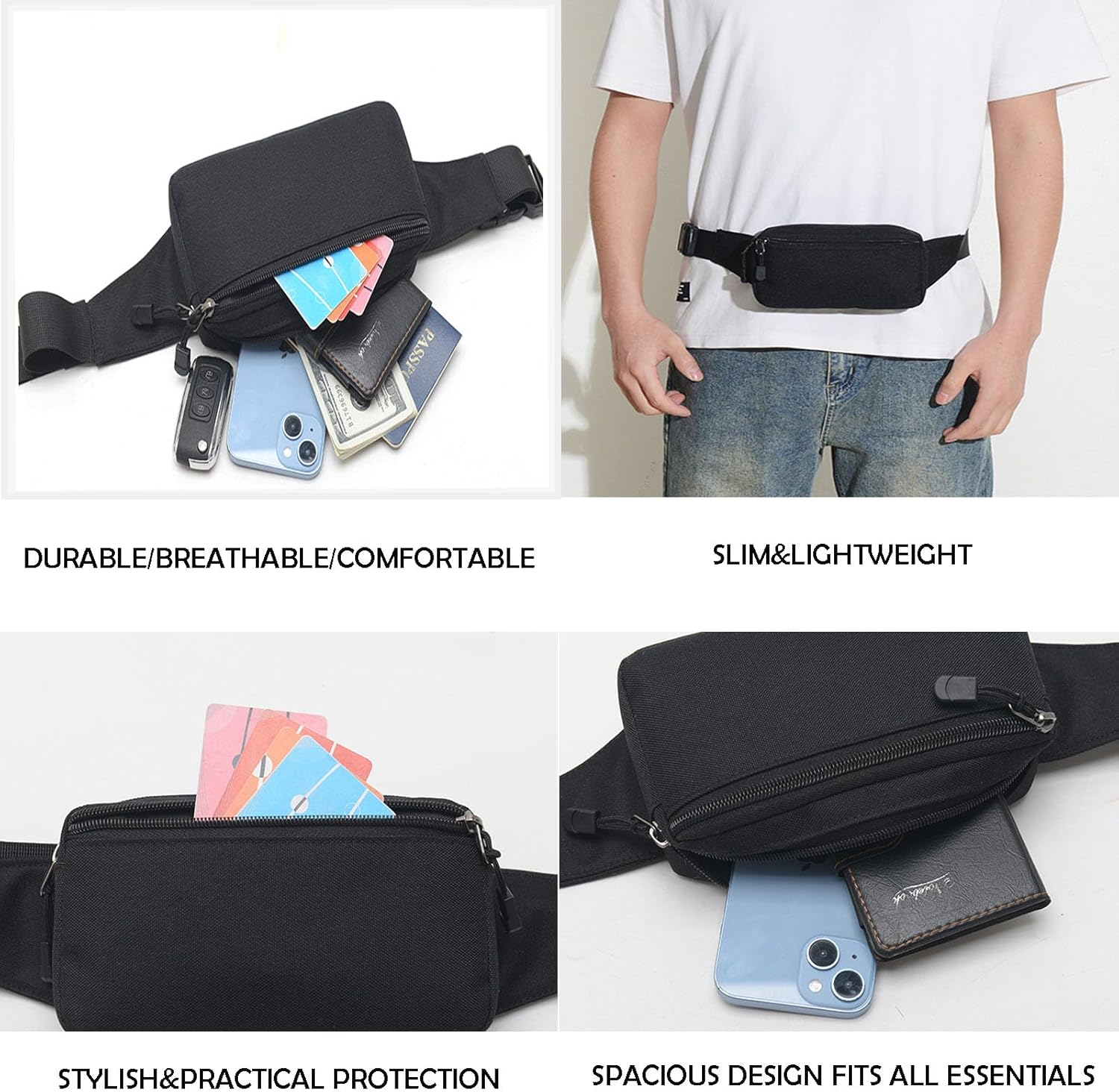 XHOMI Money Belt Running Belt for Men & Women with Adjustable Strap Waist Bag- Ideal for Keeping Your Cash, Credit Card, Passport, Phone Safe When Traveling (Black) image number 6