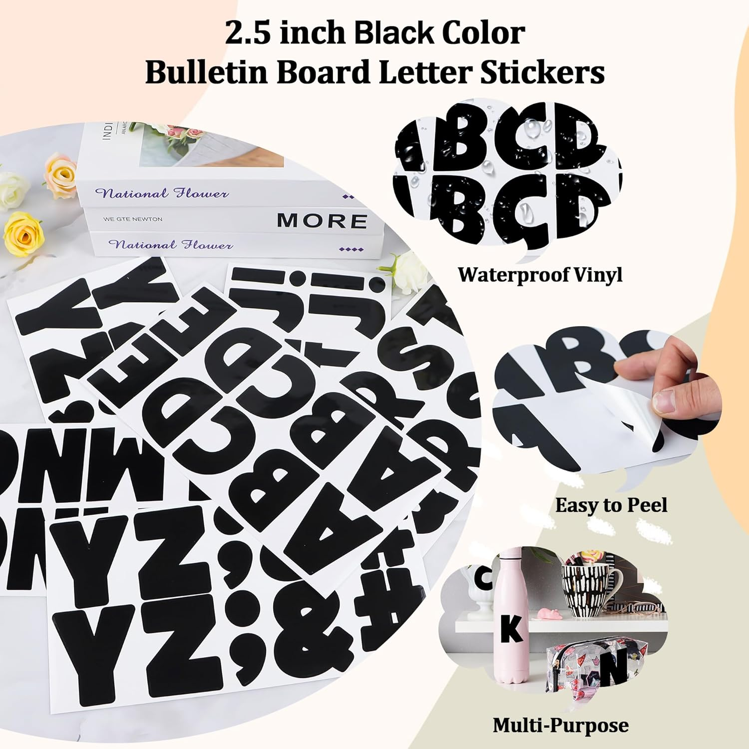 18 Sheets Letter Stickers Large 2.5 Inch Vinyl Self Adhesive Alphabet ABC Stickers Bulletin Board Letters Set for Boho Classroom Decor Poster Board Mailbox Craft Home Door Wall Decor (Black) image number 3