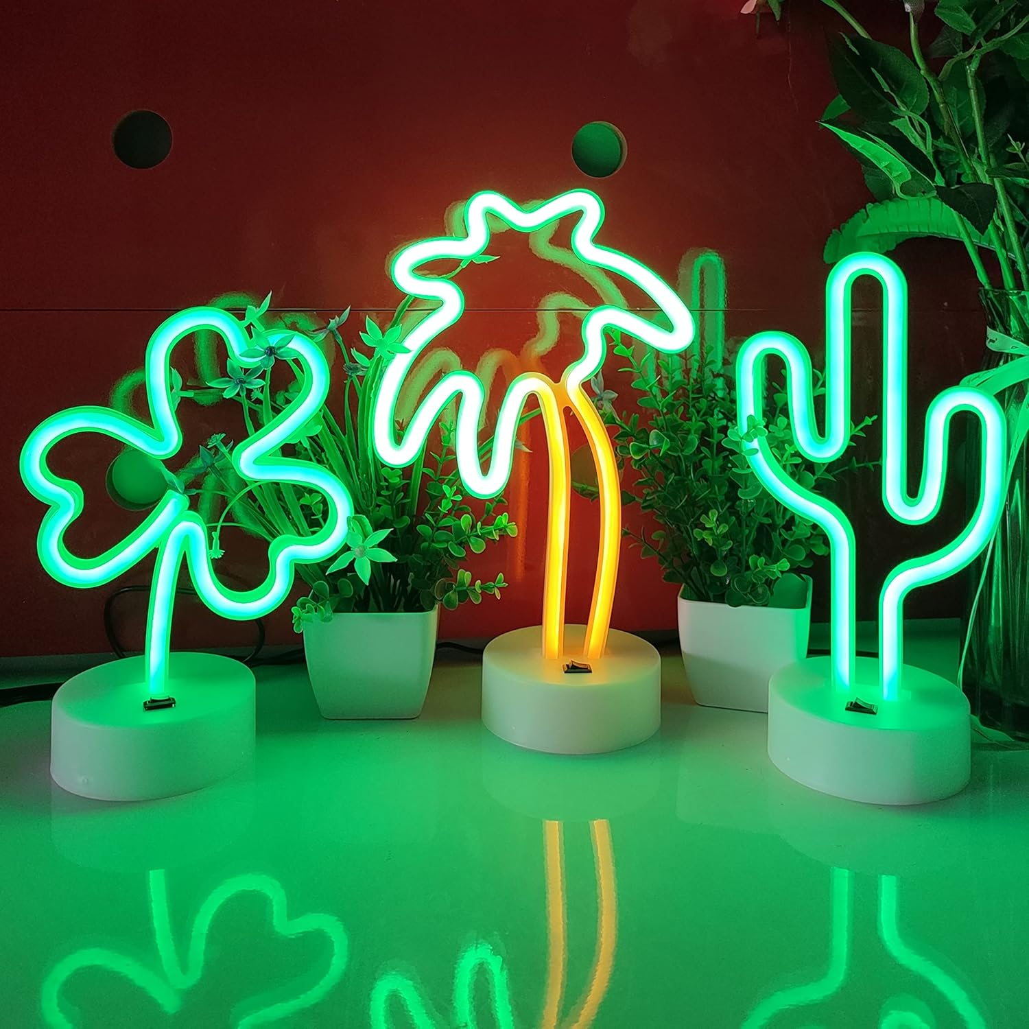 JYWJ Neon Signs with Holder Base,Usb or 3-AA Battery Powered Neon Light,Led Desktop Wall Decoration,Various Parties,Decoration of Business Premises(Clover)