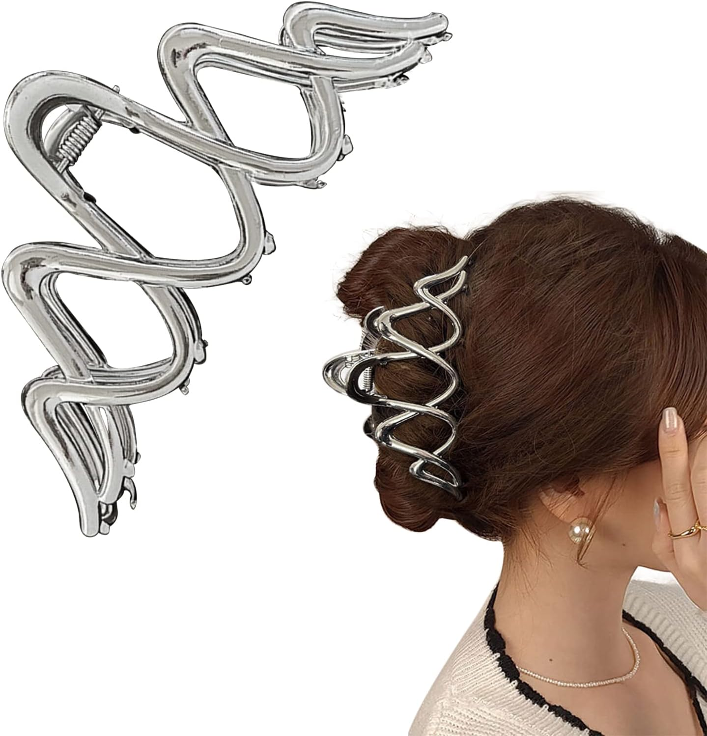 Silver Metal Wavy Squiggle Hair Claws for Thick Hair - Large Non-Slip Hair Clamps and Styling Accessories, Gift for Women and Girls