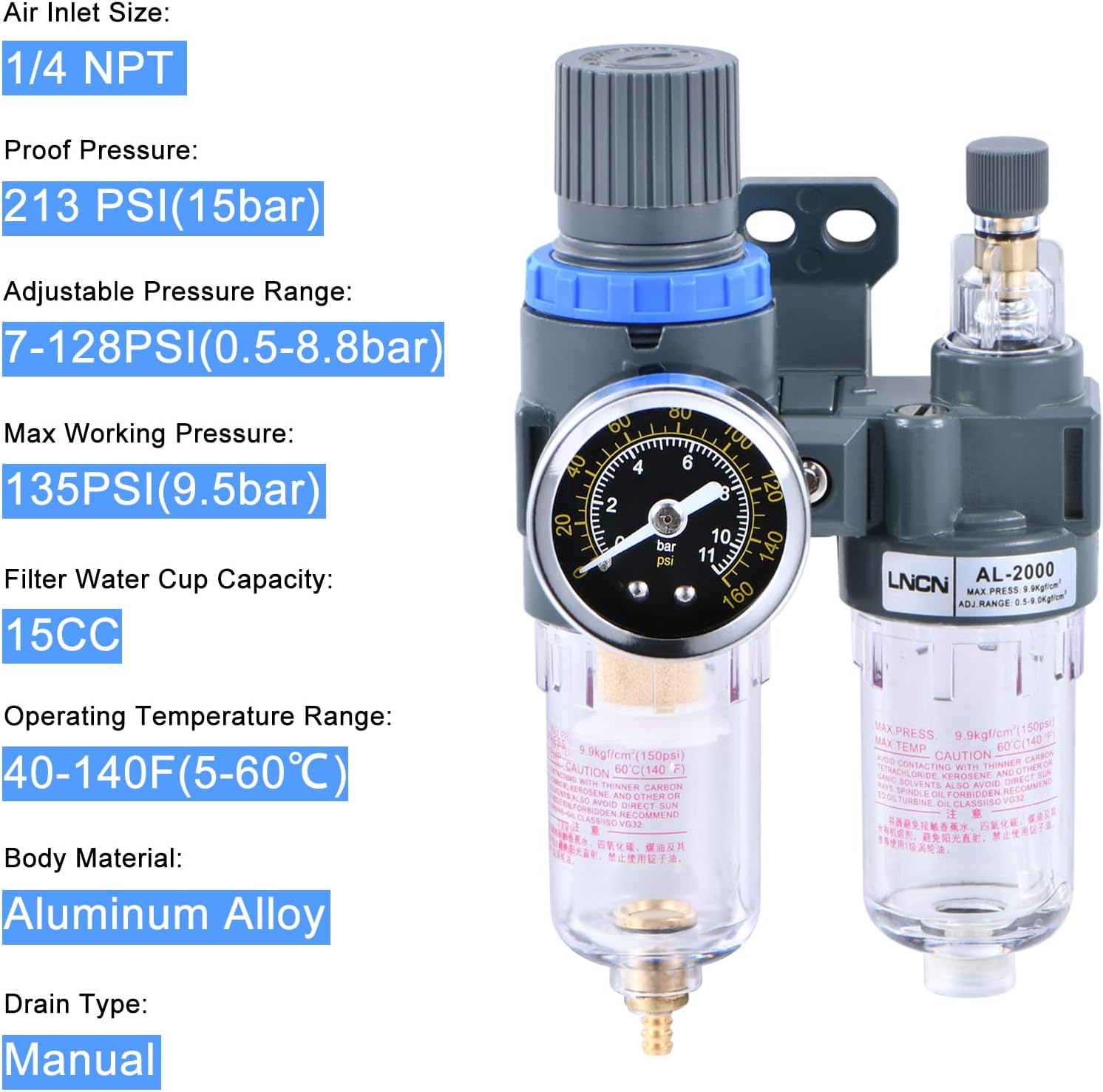 1/4 Inch Compressor Air Filter Pressure Regulator Water-Oil Trap Separator Filter with Lubricator Cup image number 5