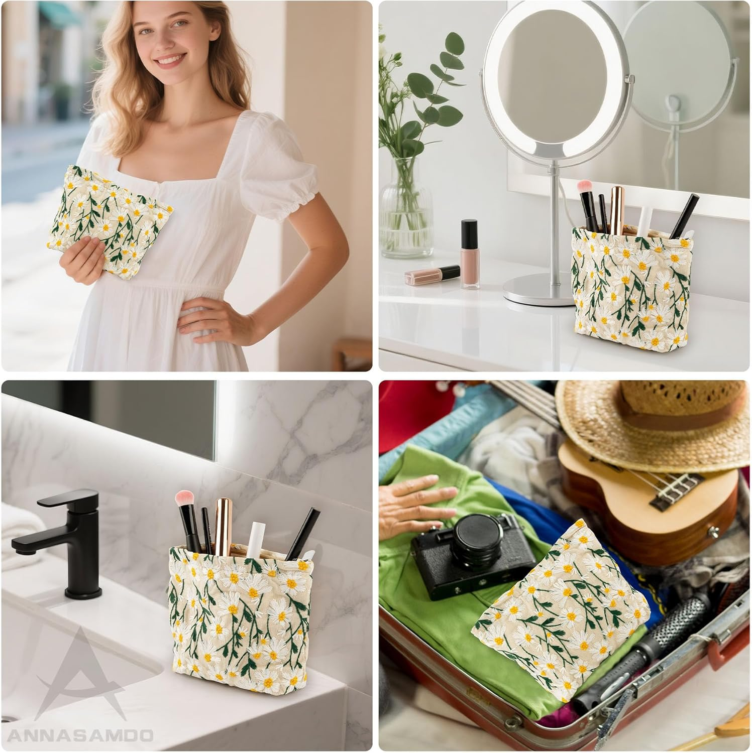 ANNASAMDO 2 Pieces Cosmetic Bag with Daisy Key Ring Floral Pattern Makeup Organiser Toiletry Bags for Travel image number 1