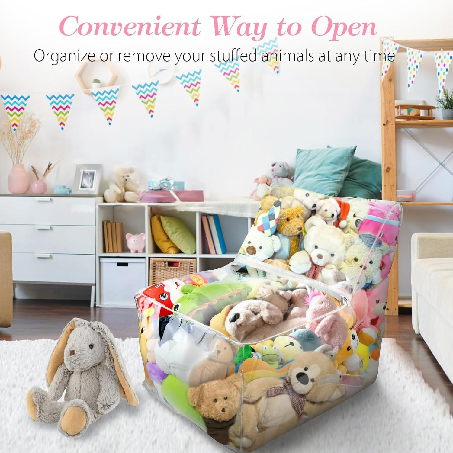 Large Clear PVC Stuffed Animal Storage Bean Bag Chair Cover - Organize & Store Plush Toys, 110L Capacity, Durable & Waterproof, Easy to Clean, Perfect for Kids' Rooms, Nursery, Playroom Decor image number 5