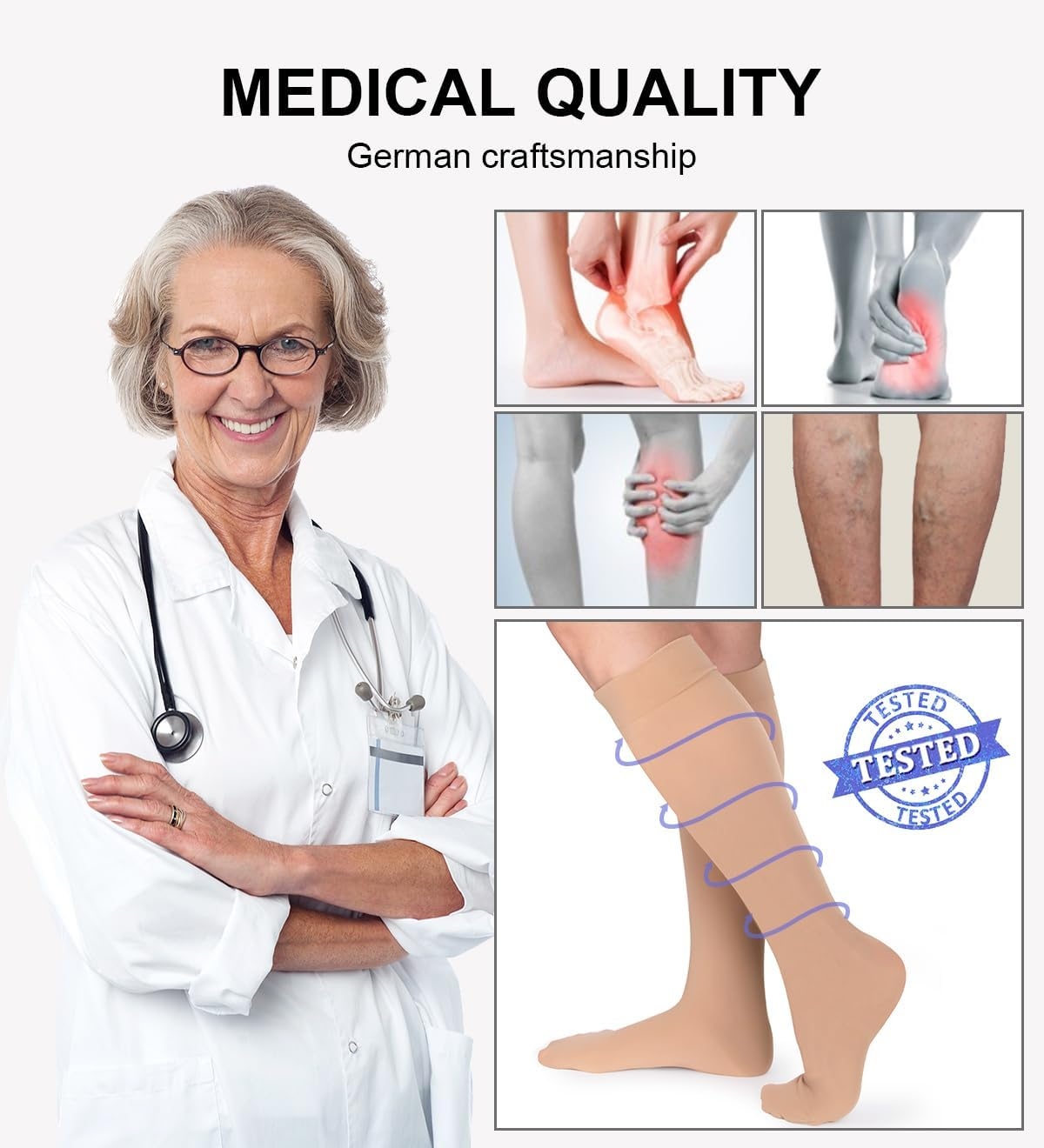 2 Pairs of Medical Compression Stockings for Men and Women, 20-30 Mmhg, Class 2, Closed Toe, Graduated Support, Support Stockings for Varicose Veins, Edema, Flight, 2 X Beige, Medium image number 5