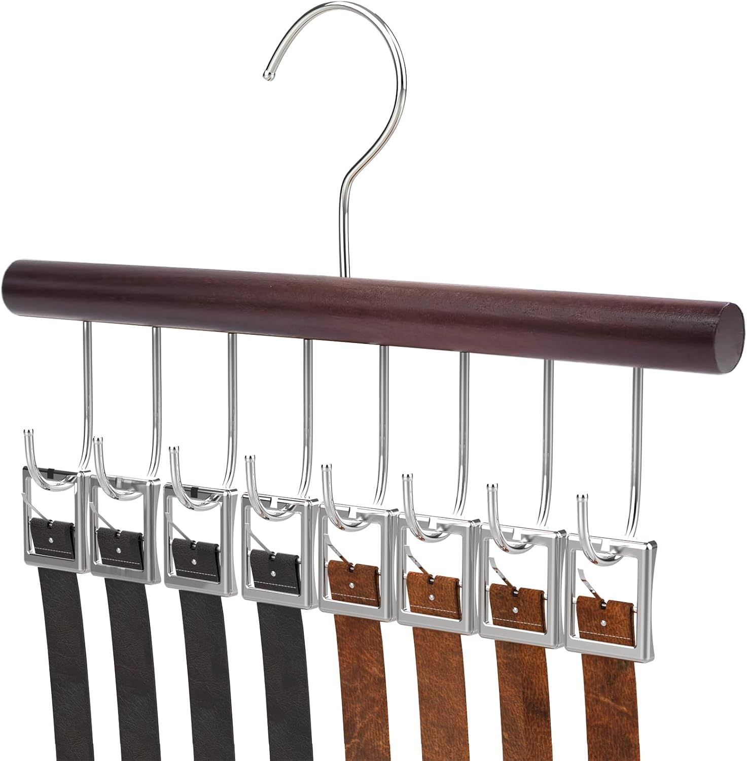 CENZICOM 8 Hooks Belt Hanger for Closet, Wood Tie Rack Hanging Holder 360&deg; Rotating Closet Storage Organizer Space Saving for Tie, Tank Top, Scarf, Necklace (Retro Color)