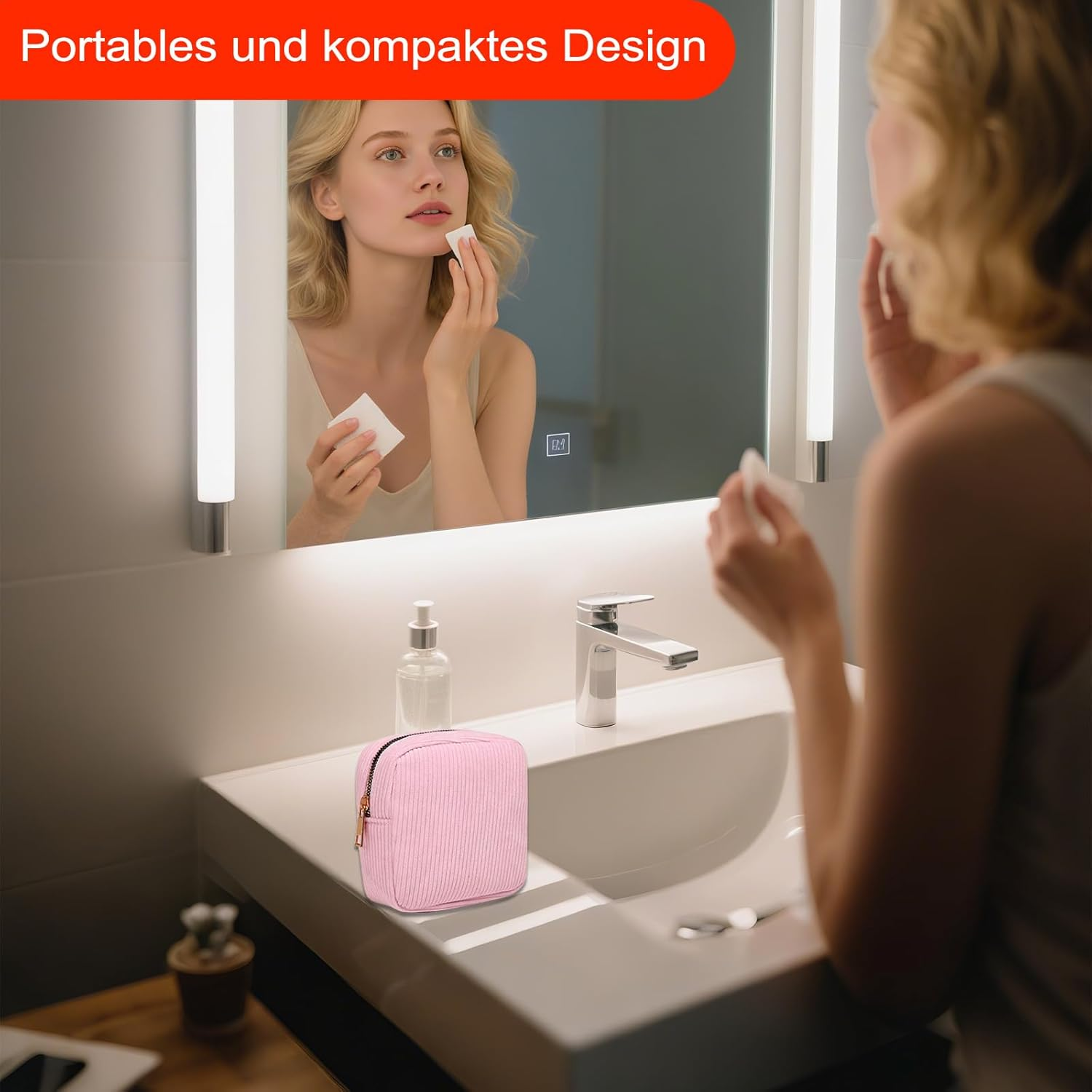 Make up Bag, Pack of 2 Cosmetic Bags, Cord Makeup Bag, Small Cosmetic Bag, Travel Cosmetic Bags with Metal Zip for Handbag (Pink) image number 2