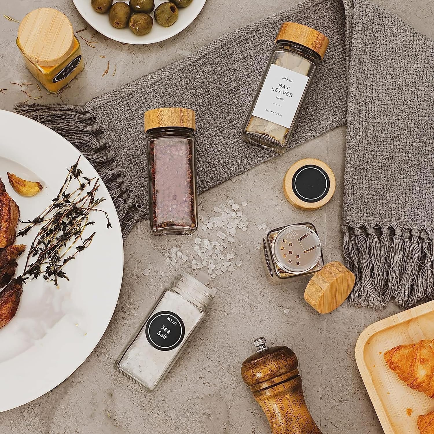 24Pcs Glass Spice Jars with Bamboo Lids, Square Seasoning Containers Spices Organizer Small Items Storage, with Preprinted Spice Label, Funnel, Shaker, Mark Pen,Brush, 120Ml/4Oz. image number 1