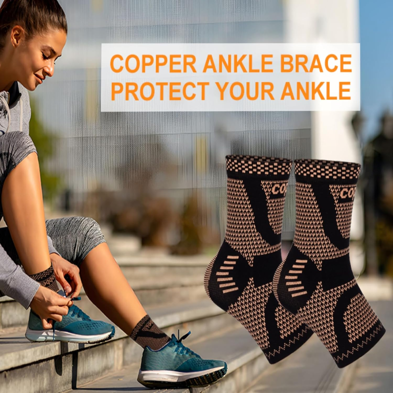 2Pair Ankle Brace,For Women and Men,Copper Filled Ankle Support Compression Sleeve,Used for Foot Pain Relief,Plantar Fasciitis,Daytime or Night Use (L)