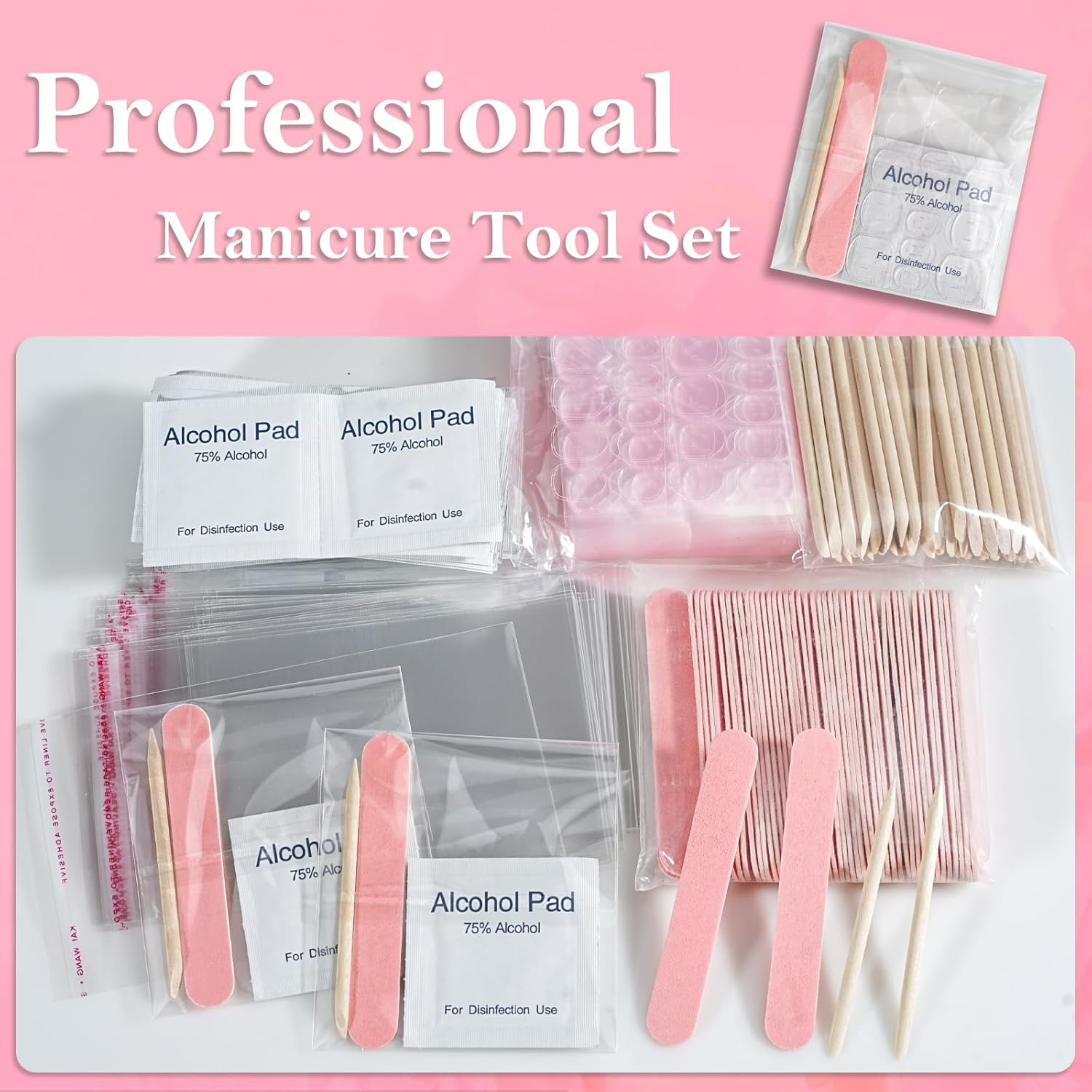 50 Set Disposable Press on Nail Tool Kit, Including 50Pcs Nail File, 50Pcs Prep Pad, 50Pcs Wood Stick, 50Pcs OPP Bag, Manicure Nail Prep Kit for Salon Home (50Pcs-A-Pink) image number 4