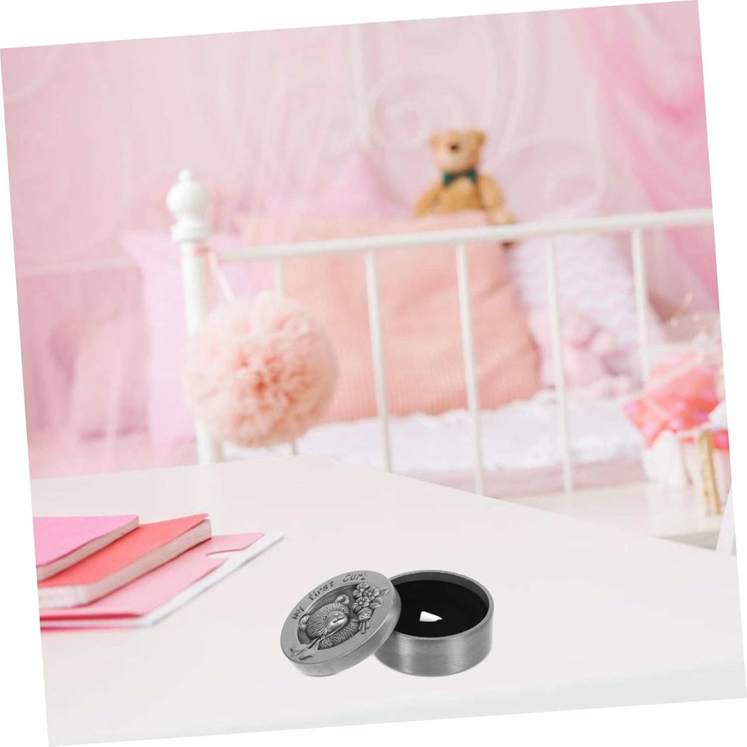 Metal Baby Fetal Hair Box My First Curl Box Infant Keepsake Storage Case Bear Design Antique Pewter for Newborn Memory image number 6