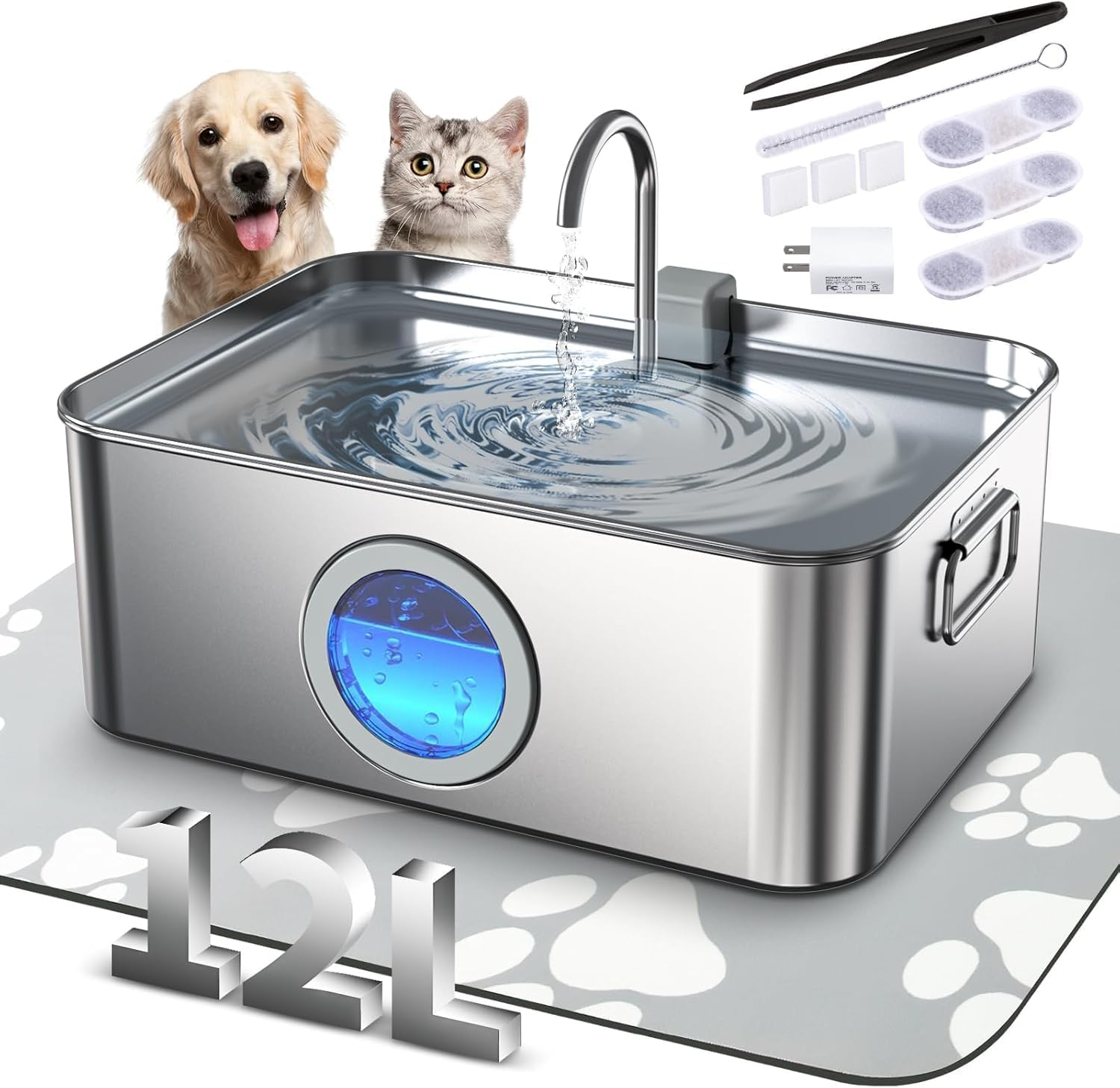 Cat Dog Water Fountain Stainless Steel 12L/410Oz/3.2Gal, DYSJ01 Ultra Quiet Pet Water Fountain for Large Dogs Cats & Multi-Pet Home with Water Level Window & LED Indicator image number 6