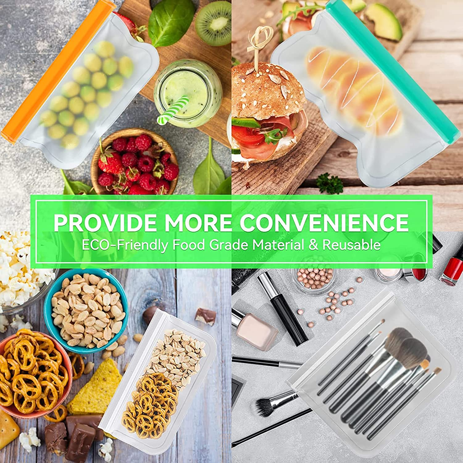 Reusable Ziplock Bags Silicone,14 Pack Reusable Freezer Bags, Food Storage Bags with 2Gallon Bags,6 Sandwich Bags and 6 Food Grade Snack Bags for Kids, for Meat, Fruit,Veggies image number 1